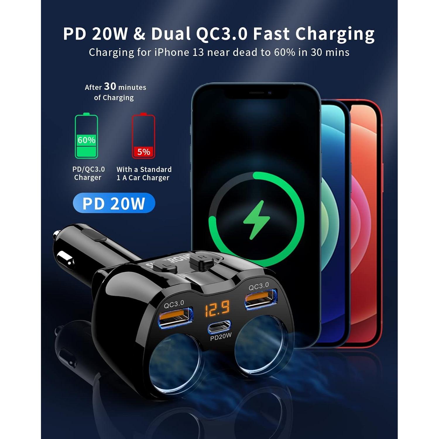 Divisor de Encendedor de Cigarrillos SUPERONE 180W Doble USB C