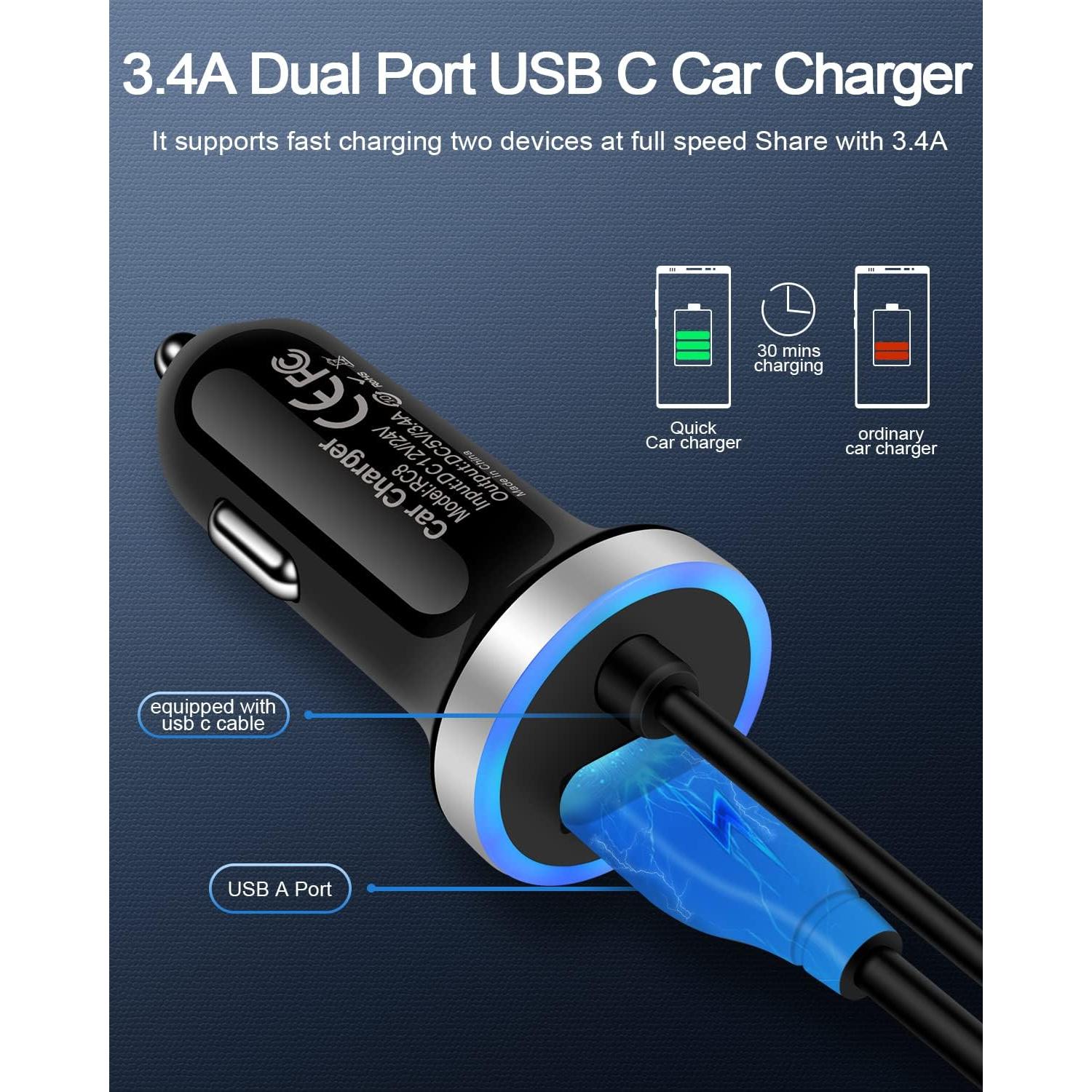 Cargador de coche USB-C rápido Bordsek con cable 0.91m