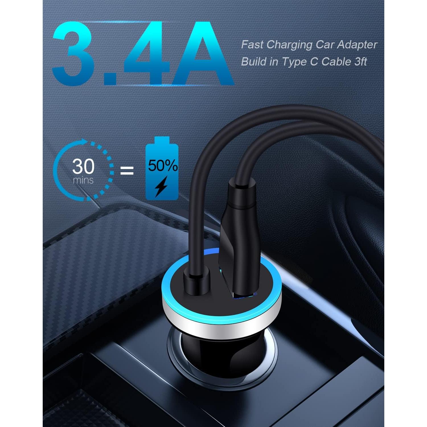 Cargador de coche USB-C rápido Bordsek con cable 0.91m
