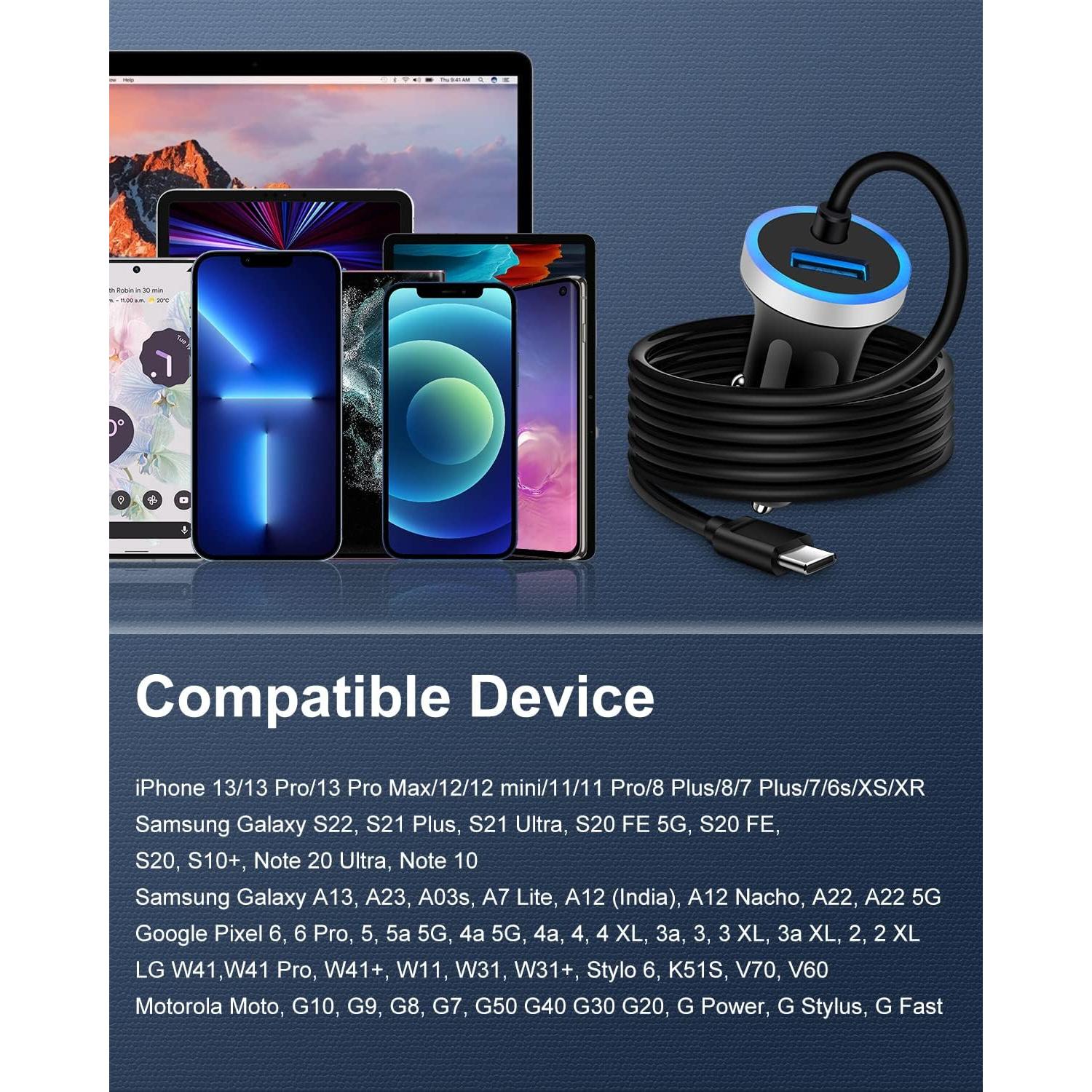 Cargador de coche USB-C rápido Bordsek con cable 0.91m