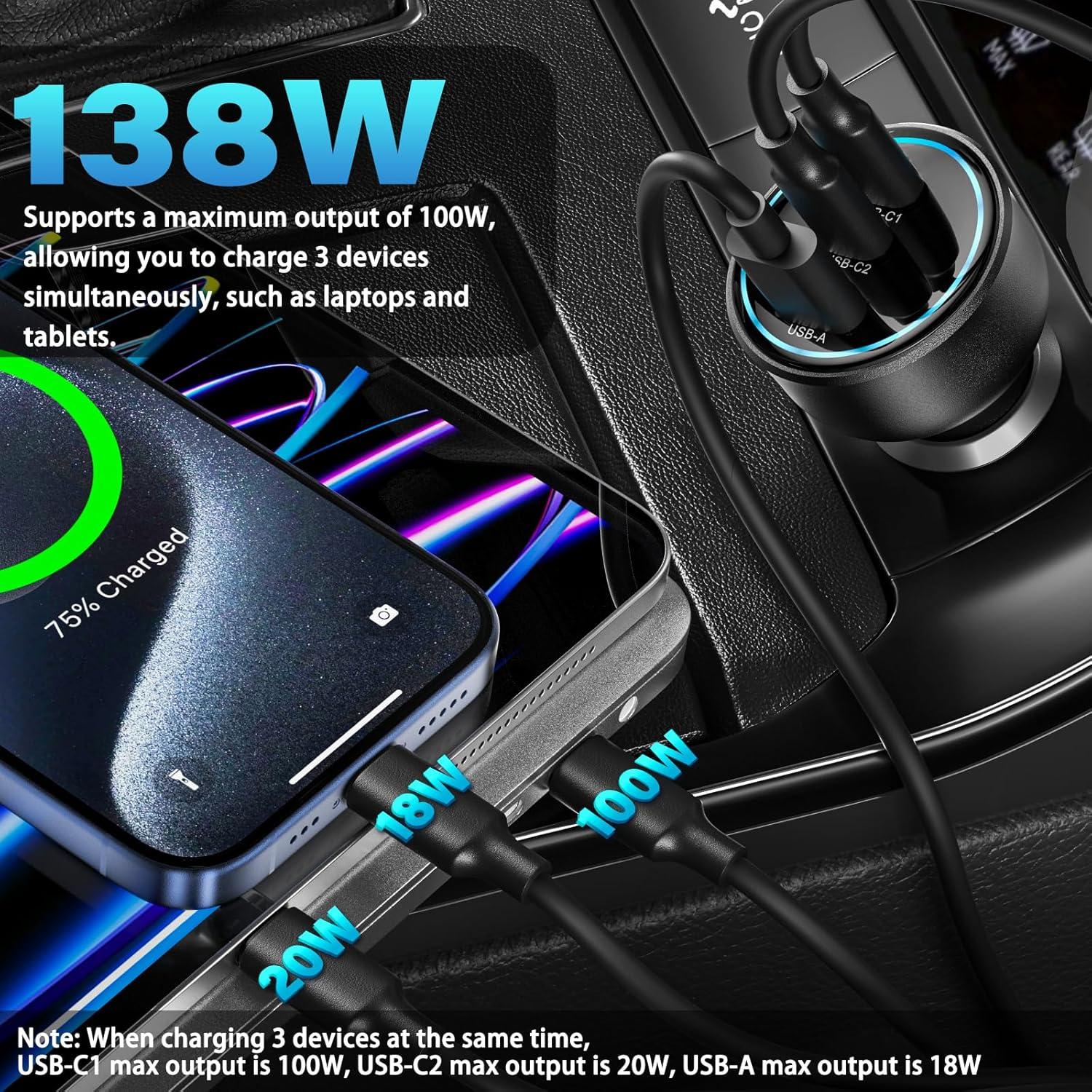Cargador de Coche USB C Rápido TOPADRE 138W 3 Puertos