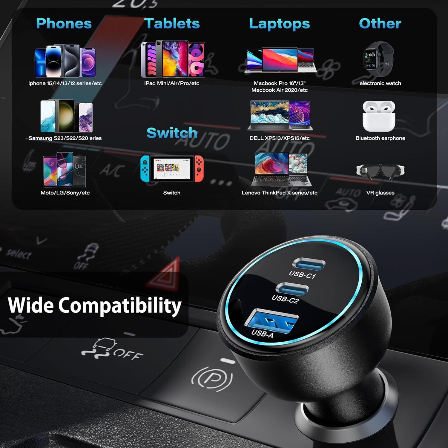 Cargador de Coche USB C Rápido TOPADRE 138W 3 Puertos