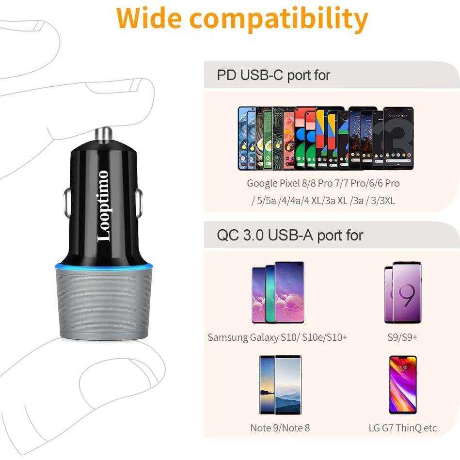 Cargador de coche USB C rápido Looptimo 48W para Google Pixel