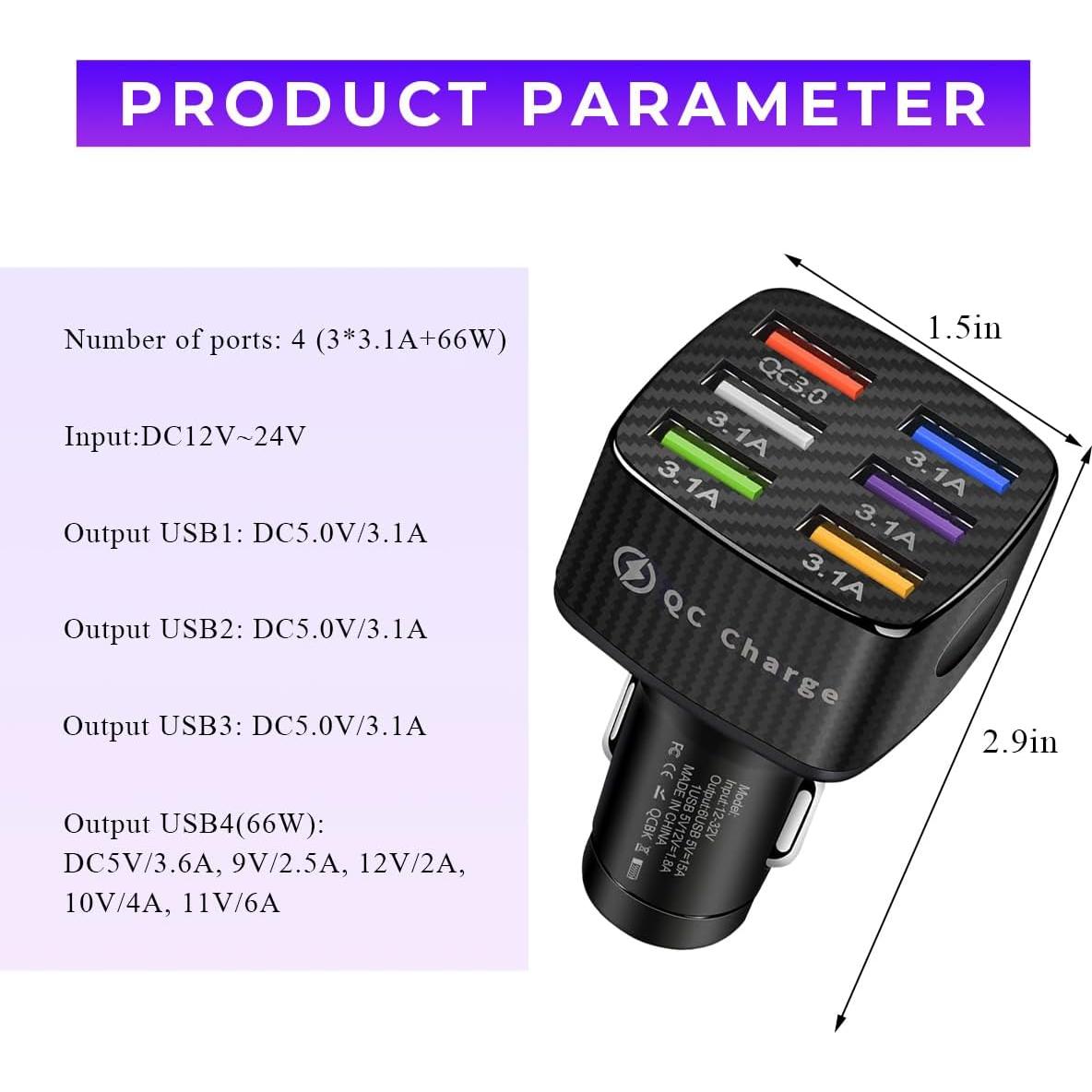 Cargador de Coche Wevdn 6 Puertos USB QC 3.0 Negro