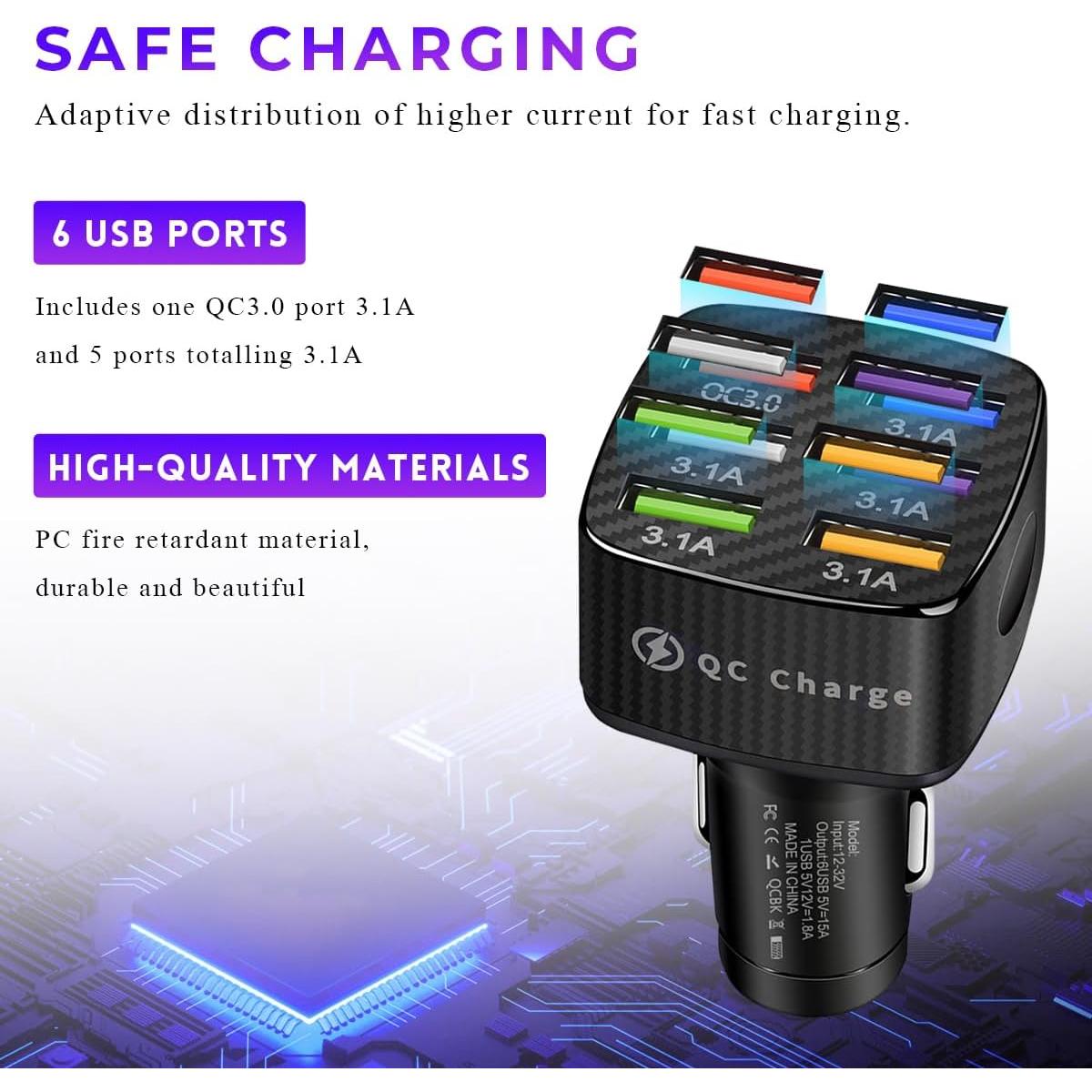 Cargador de Coche Wevdn 6 Puertos USB QC 3.0 Negro