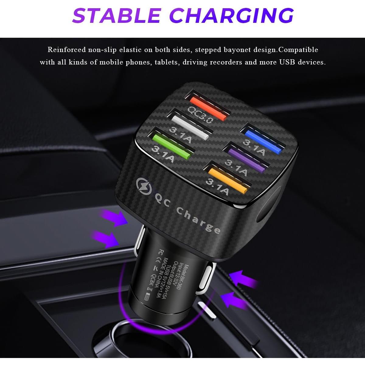 Cargador de Coche Wevdn 6 Puertos USB QC 3.0 Negro