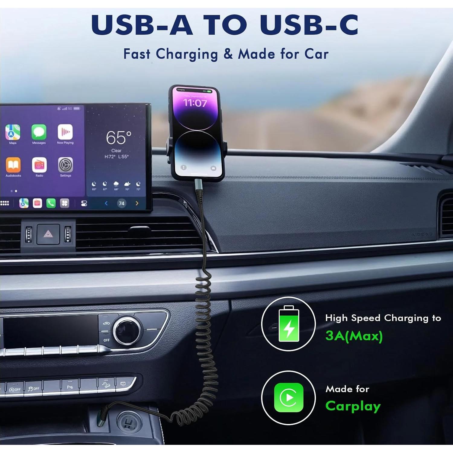 Cable USB C Enrollado JUKEKUL 3FT Carga Rápida Negro