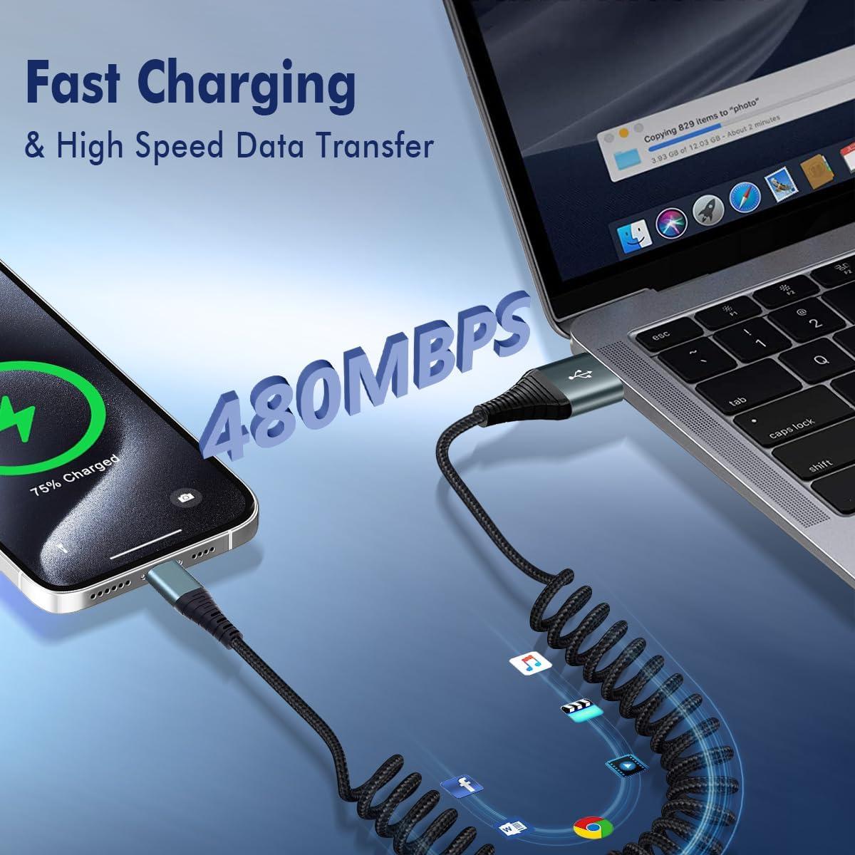 Cable USB C Enrollado JUKEKUL 3FT Carga Rápida Negro