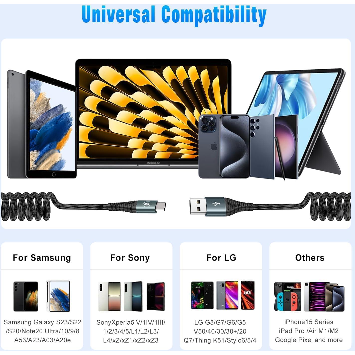 Cable USB C Enrollado JUKEKUL 3FT Carga Rápida Negro