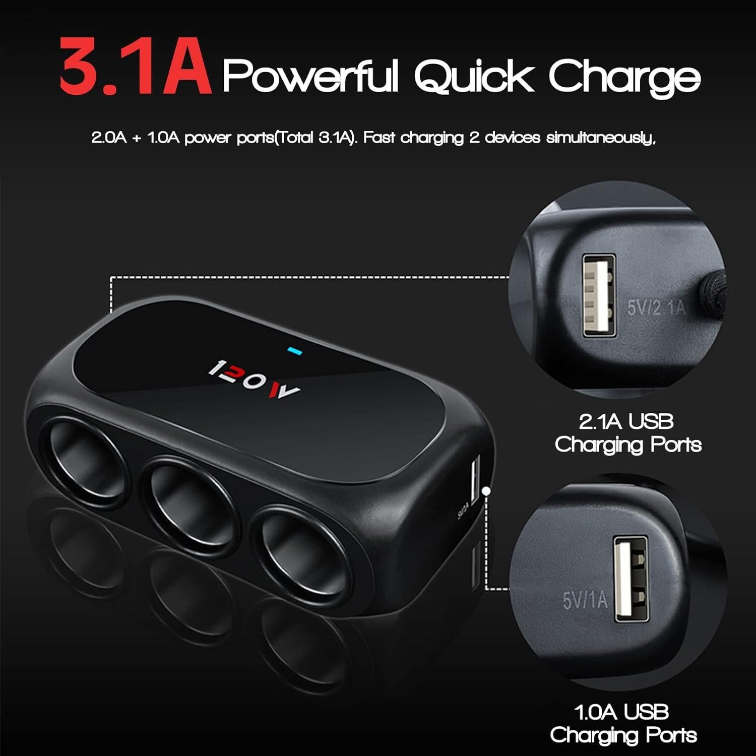 Adaptador Divisor de Encendedor de Cigarrillos BooYu 120W 3 Tomas USB