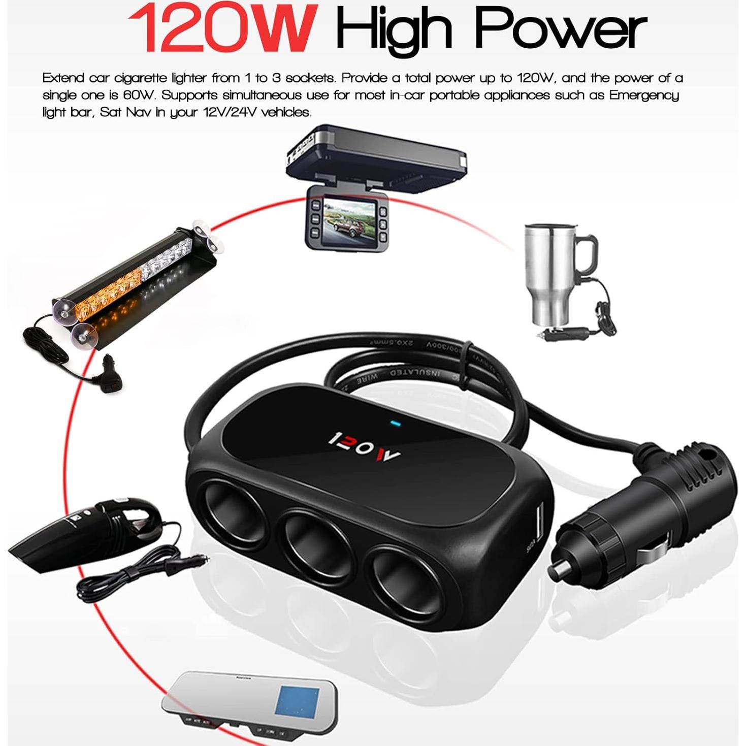 Adaptador Divisor de Encendedor de Cigarrillos BooYu 120W 3 Tomas USB