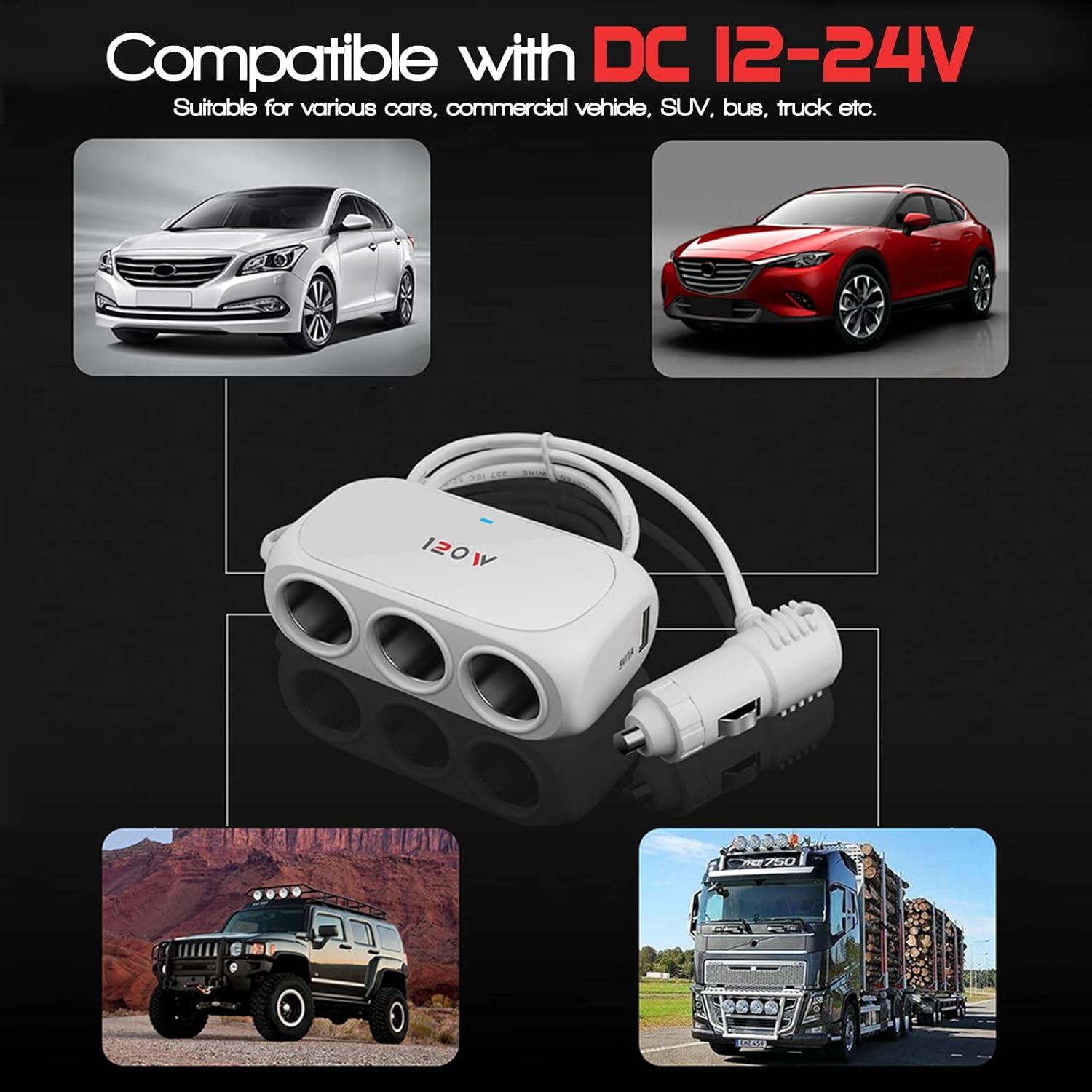 Adaptador Divisor de Encendedor de Cigarrillos BooYu 120W 3 Tomas USB