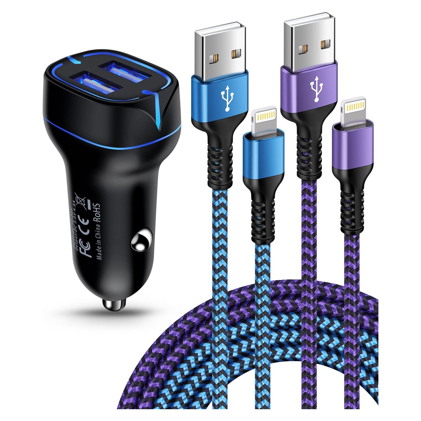 Kit Cargador de Coche Doble Puerto + 2 Cables Lightning 3FT