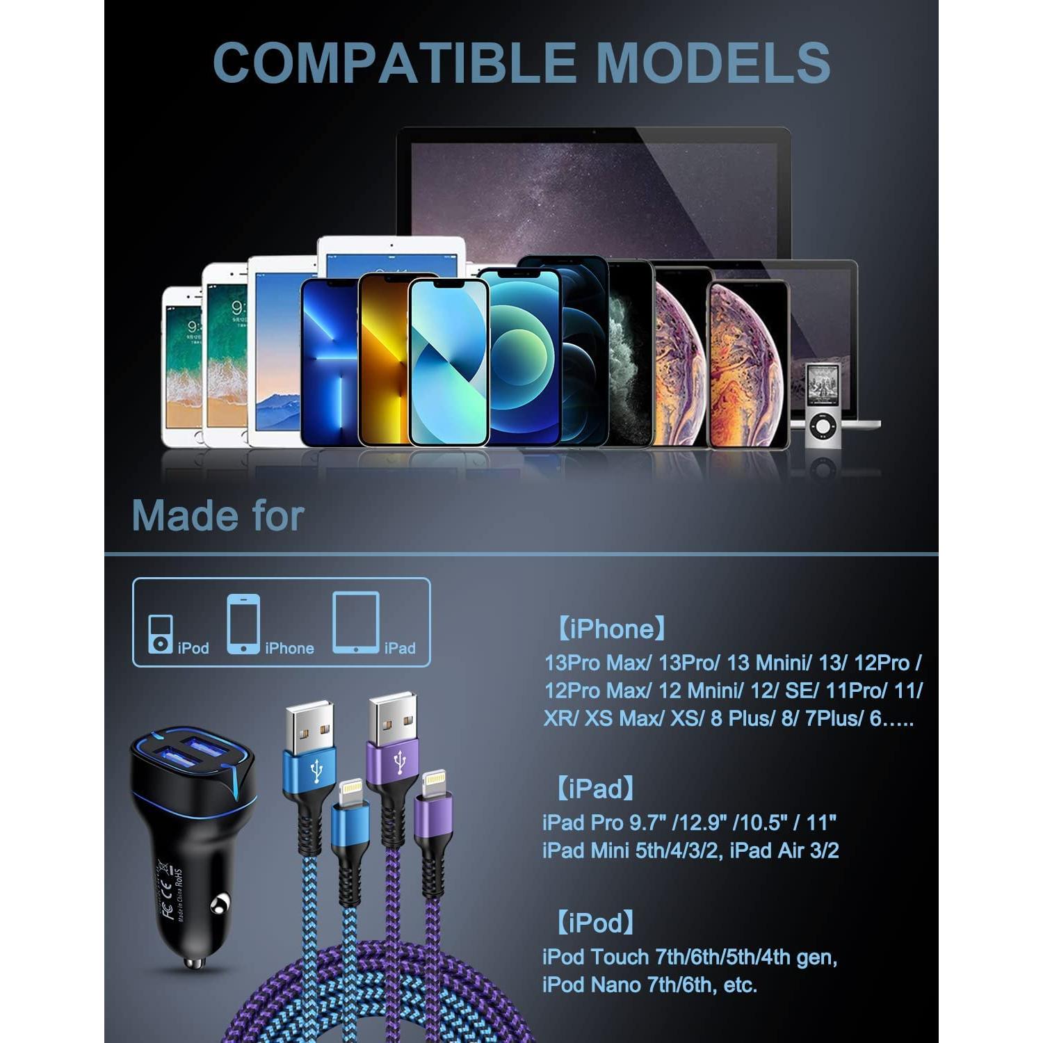 Kit Cargador de Coche Doble Puerto + 2 Cables Lightning 3FT