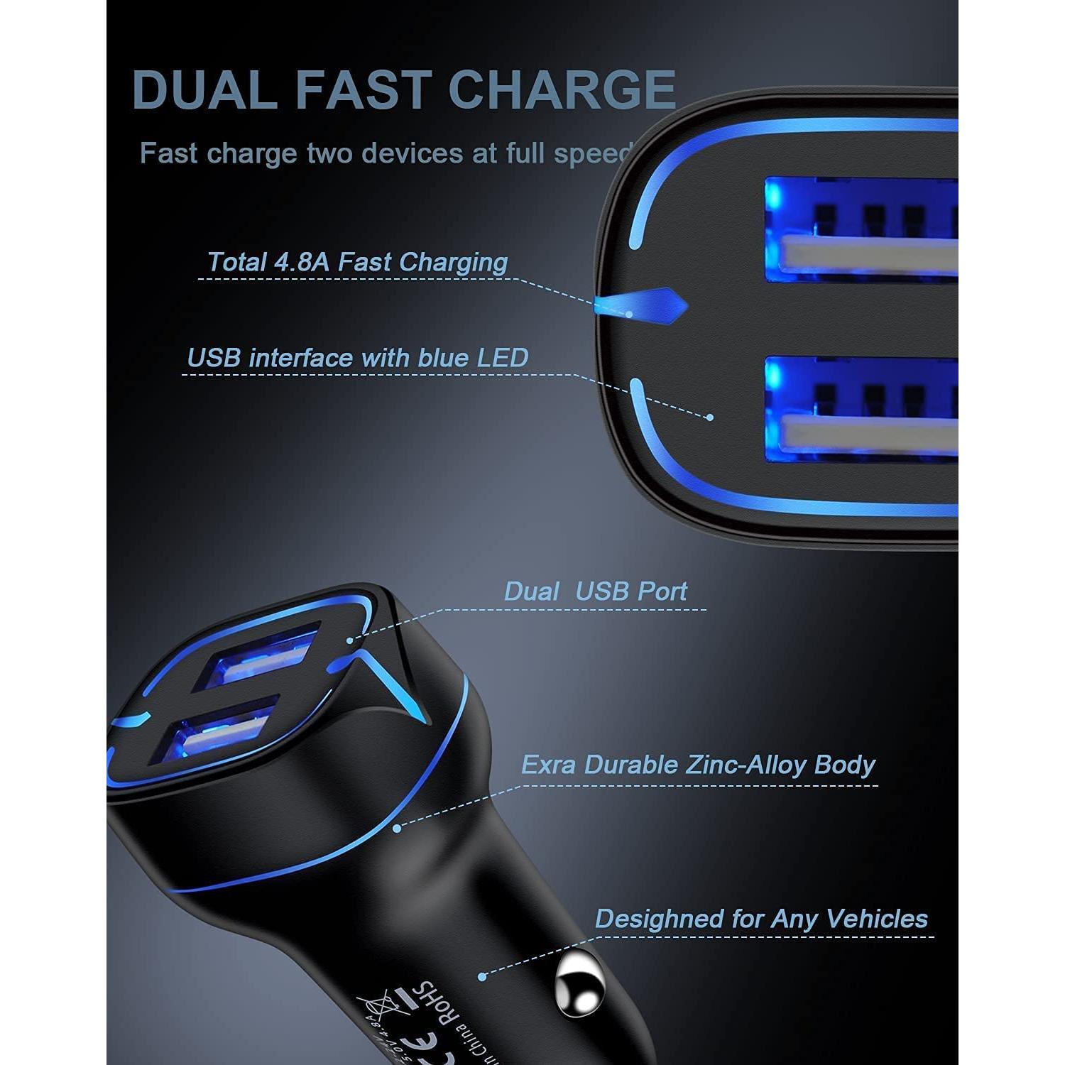 Kit Cargador de Coche Doble Puerto + 2 Cables Lightning 3FT