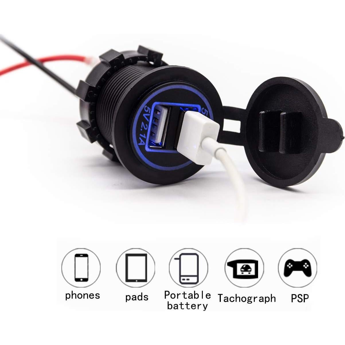 Enchufe USB Doble Impermeable WYMECT 12V-24V 4.2A LED Azul