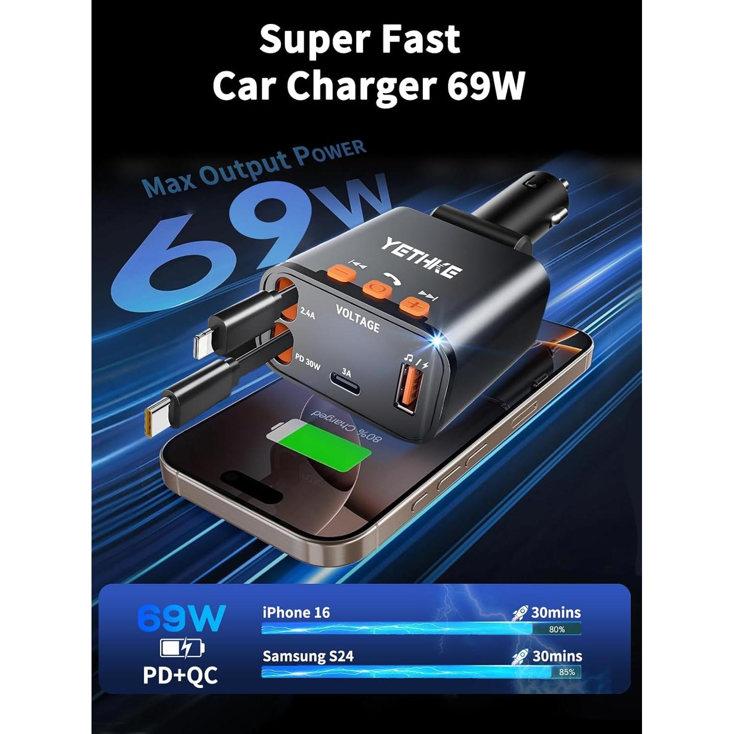 Adaptador de Coche Bluetooth YETHKE PT-42 Cargador 69W Negro