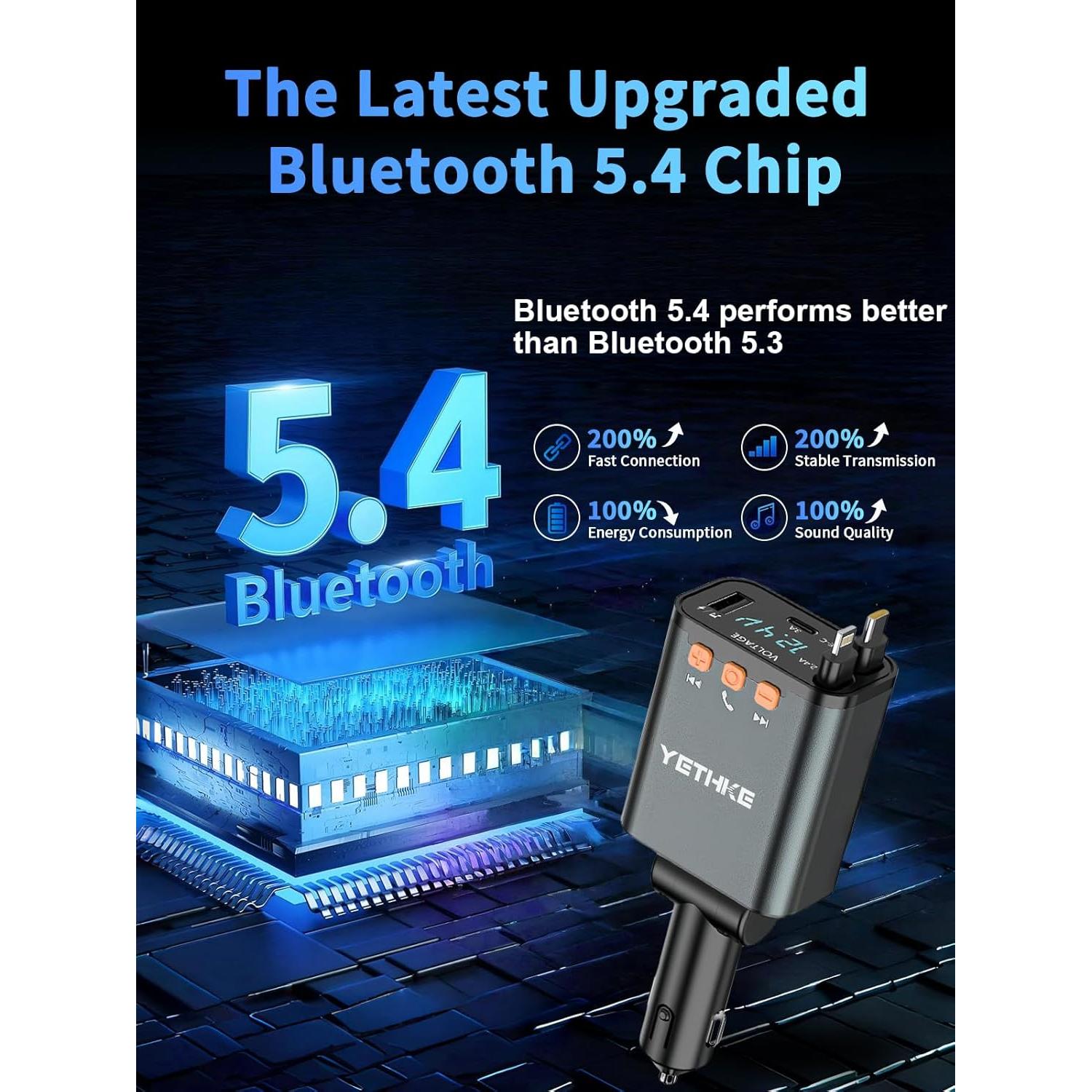 Adaptador de Coche Bluetooth YETHKE PT-42 Cargador 69W Negro