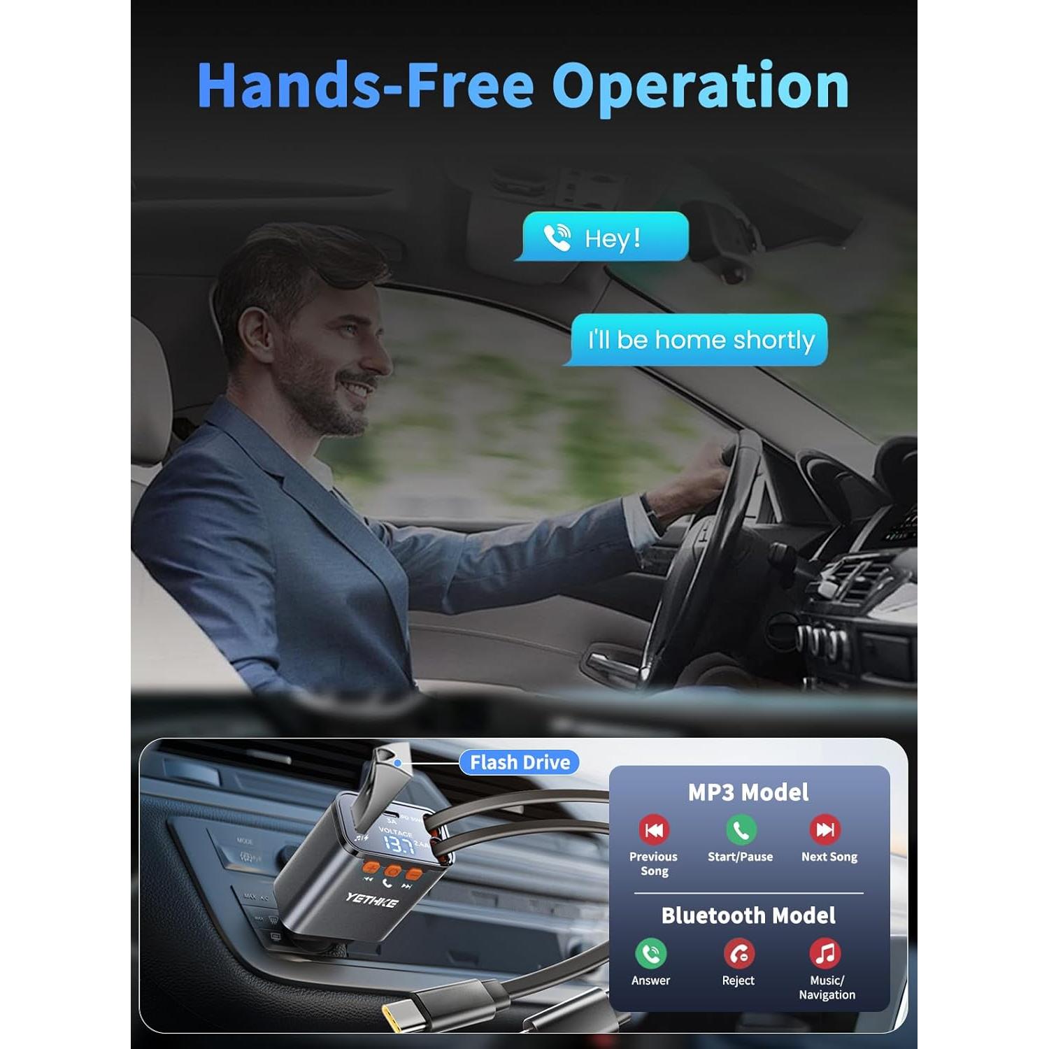 Adaptador de Coche Bluetooth YETHKE PT-42 Cargador 69W Negro