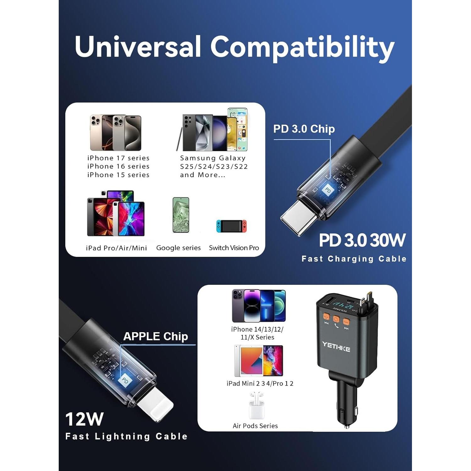 Adaptador de Coche Bluetooth YETHKE PT-42 Cargador 69W Negro