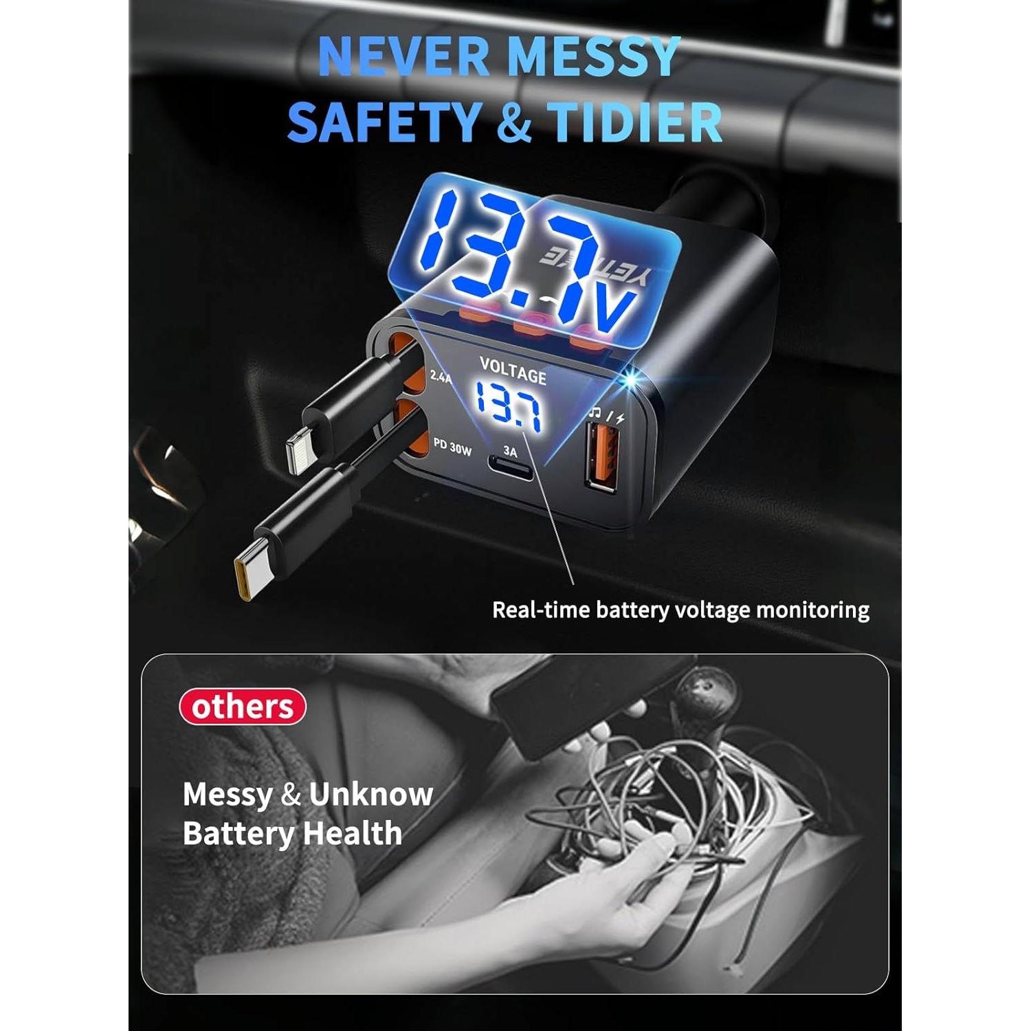 Adaptador de Coche Bluetooth YETHKE PT-42 Cargador 69W Negro