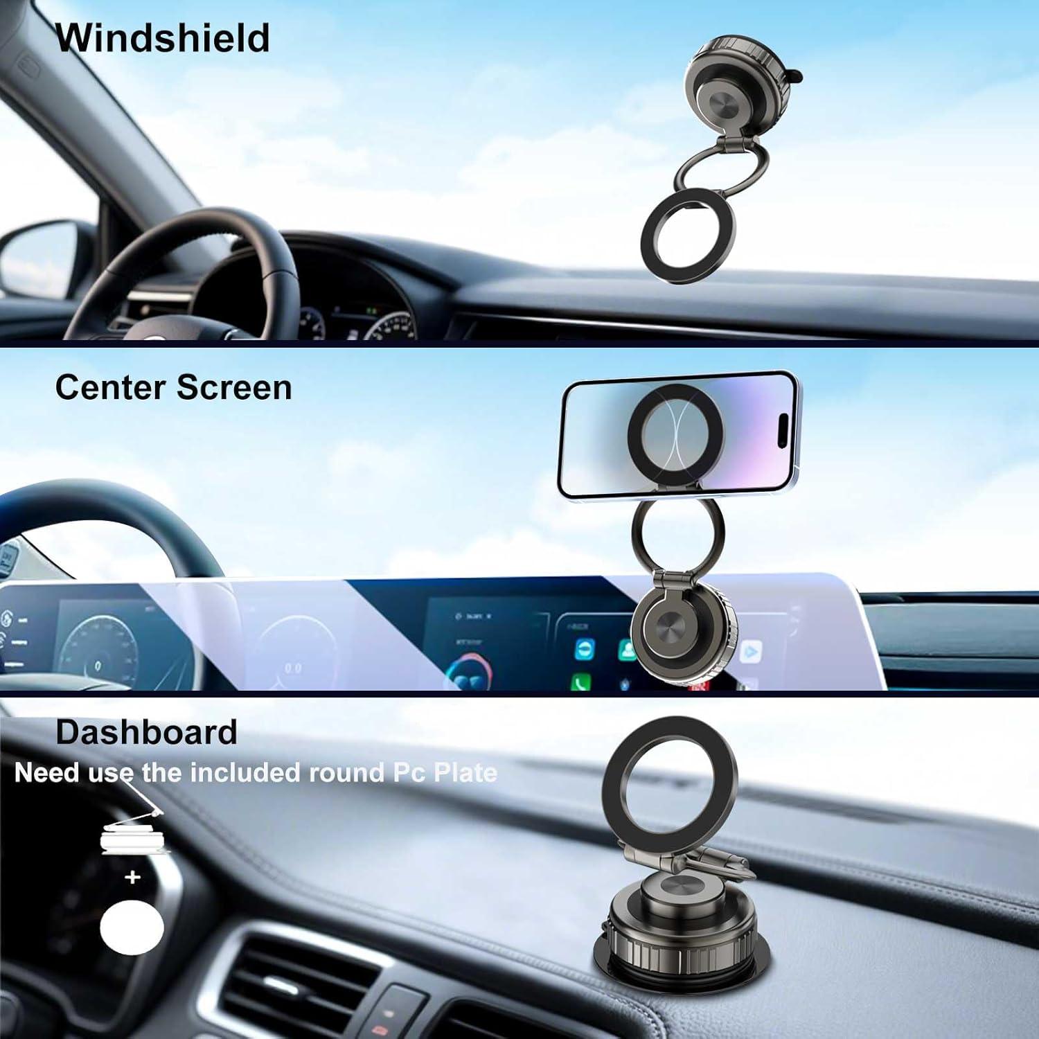 Kairiyard Vacuum Magnetic Phone Holders for Your Car, 360° Adjustable Ultra Magnet Suction Car Phone Holder Mount Foldable Cars Phone Stand Compatible with MagSafe iPhone All Smartphones