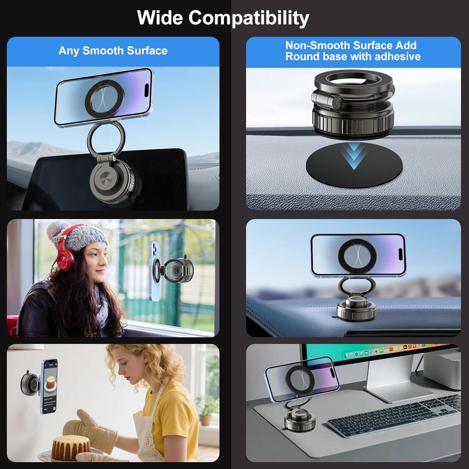 Kairiyard Vacuum Magnetic Phone Holders for Your Car, 360° Adjustable Ultra Magnet Suction Car Phone Holder Mount Foldable Cars Phone Stand Compatible with MagSafe iPhone All Smartphones