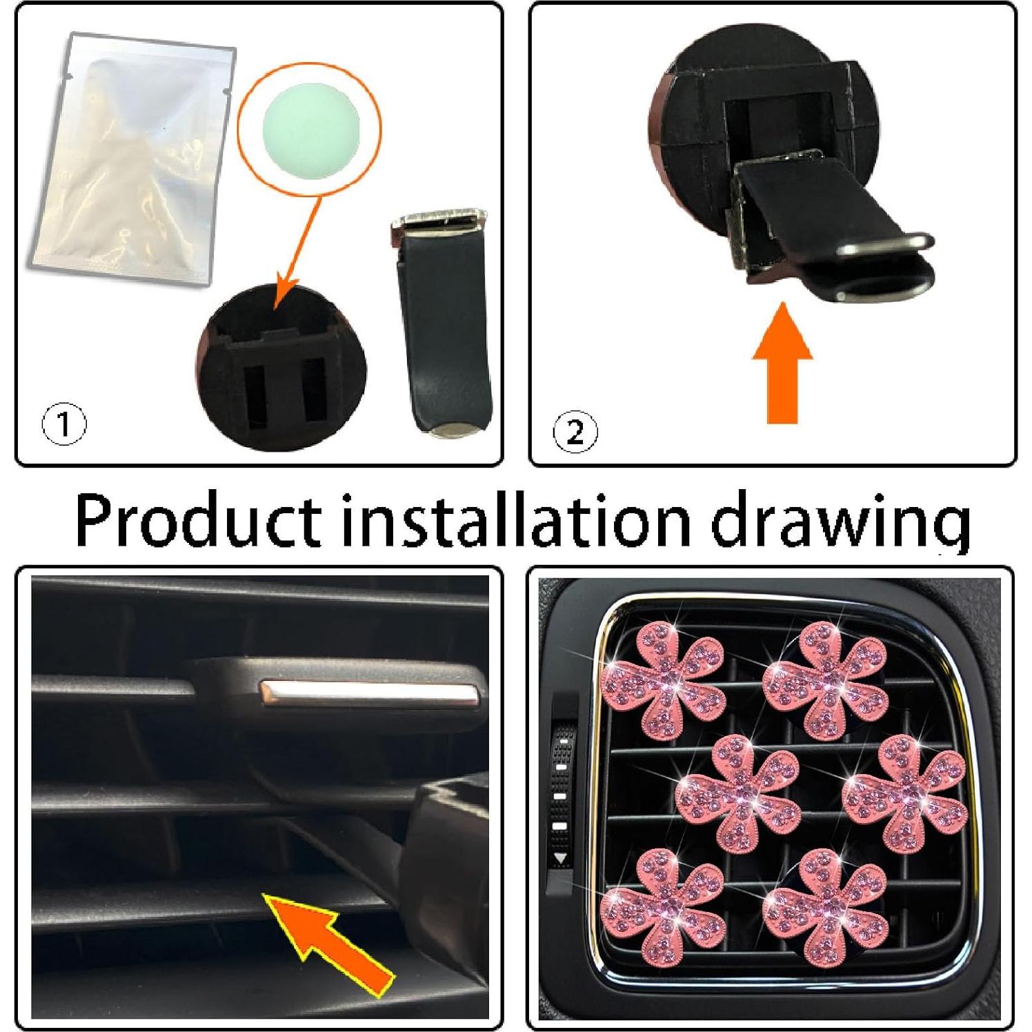 Juego de 6 Clips de Ventilación Rosa Flor con Rhinestones