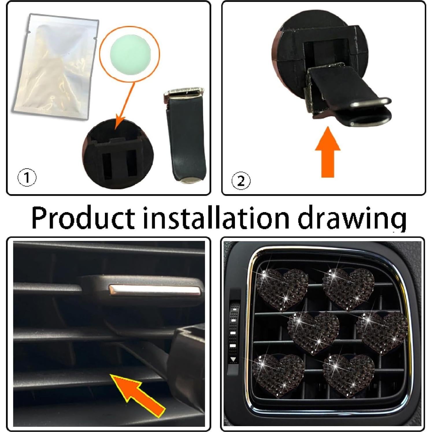 6 Clips de Ventilación Corazón Cristal Diamante WLngtv Negro