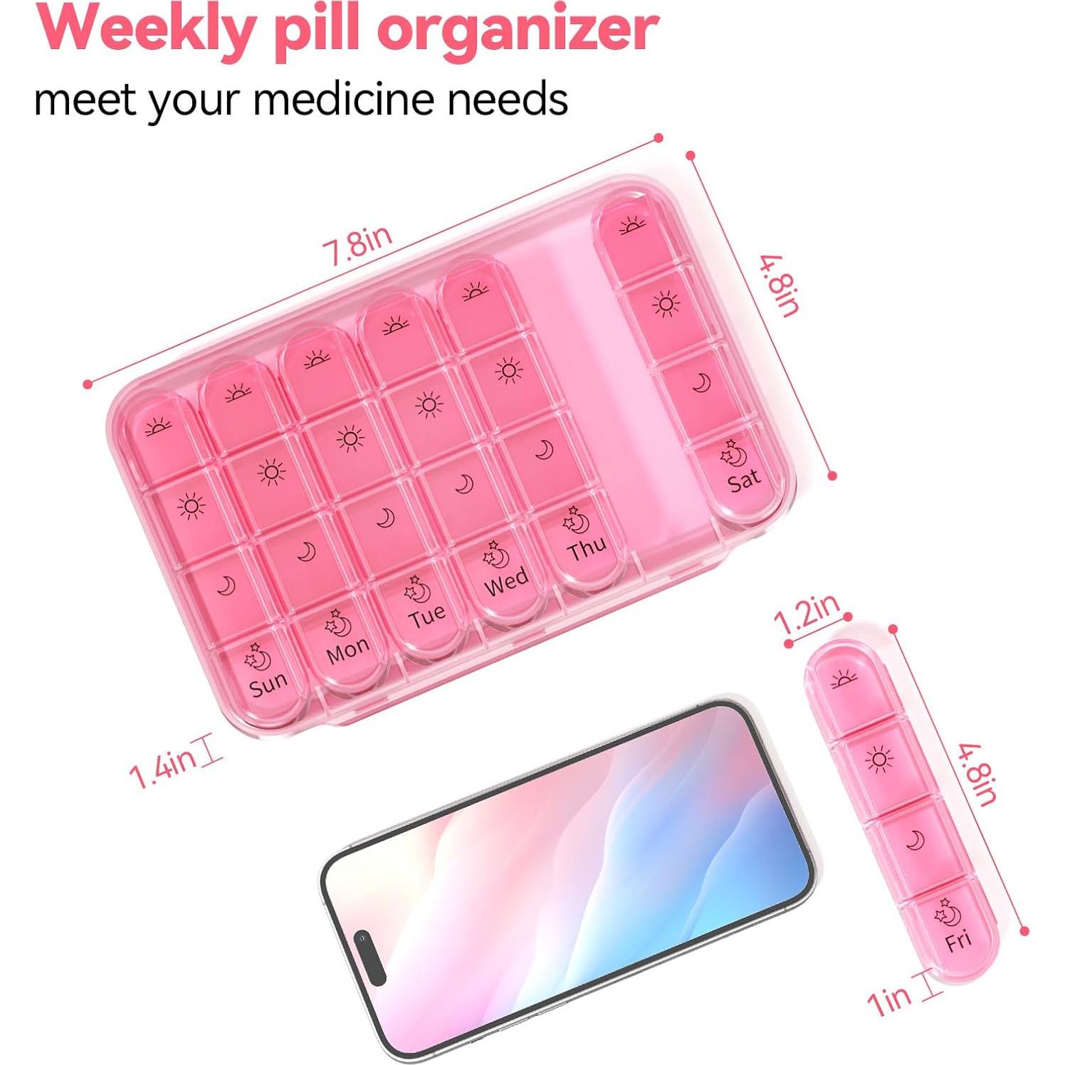 Organizador de Pastillas Zoksi Semanal Rosa, Libre de BPA, 28 Compartimentos