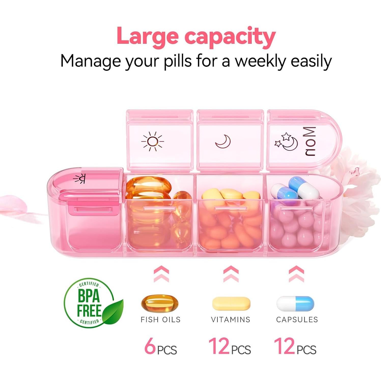 Organizador de Pastillas Zoksi Semanal Rosa, Libre de BPA, 28 Compartimentos