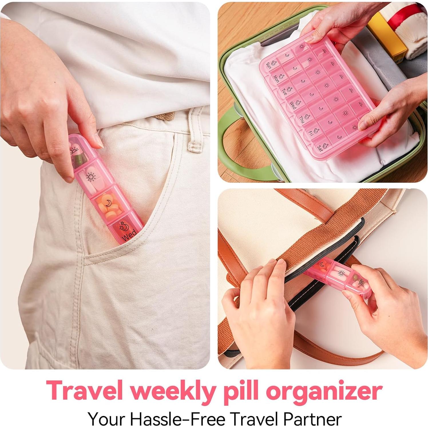 Organizador de Pastillas Zoksi Semanal Rosa, Libre de BPA, 28 Compartimentos