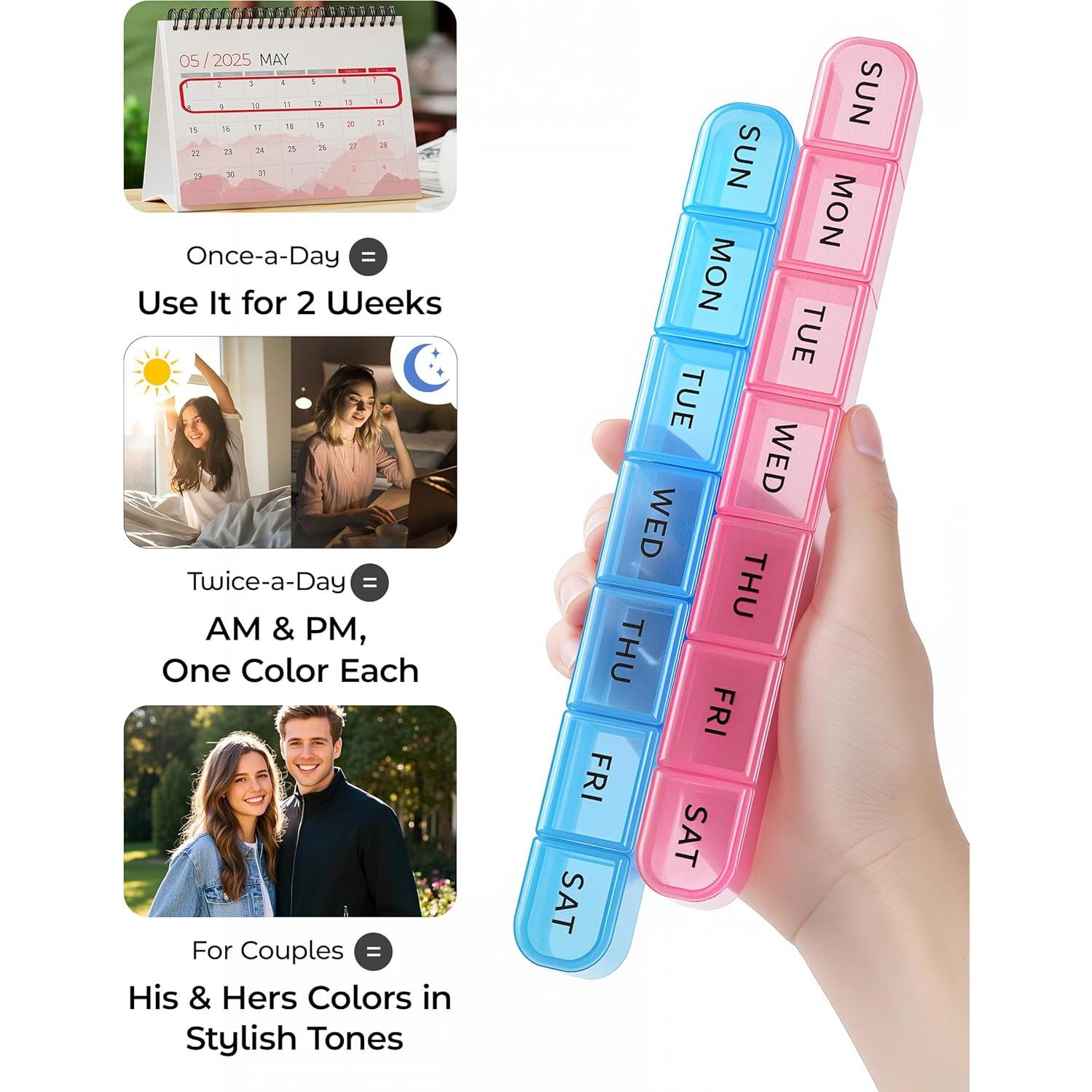 Organizador Semanal de Pastillas Daviky 2 Pack AM PM - Azul y Rosa