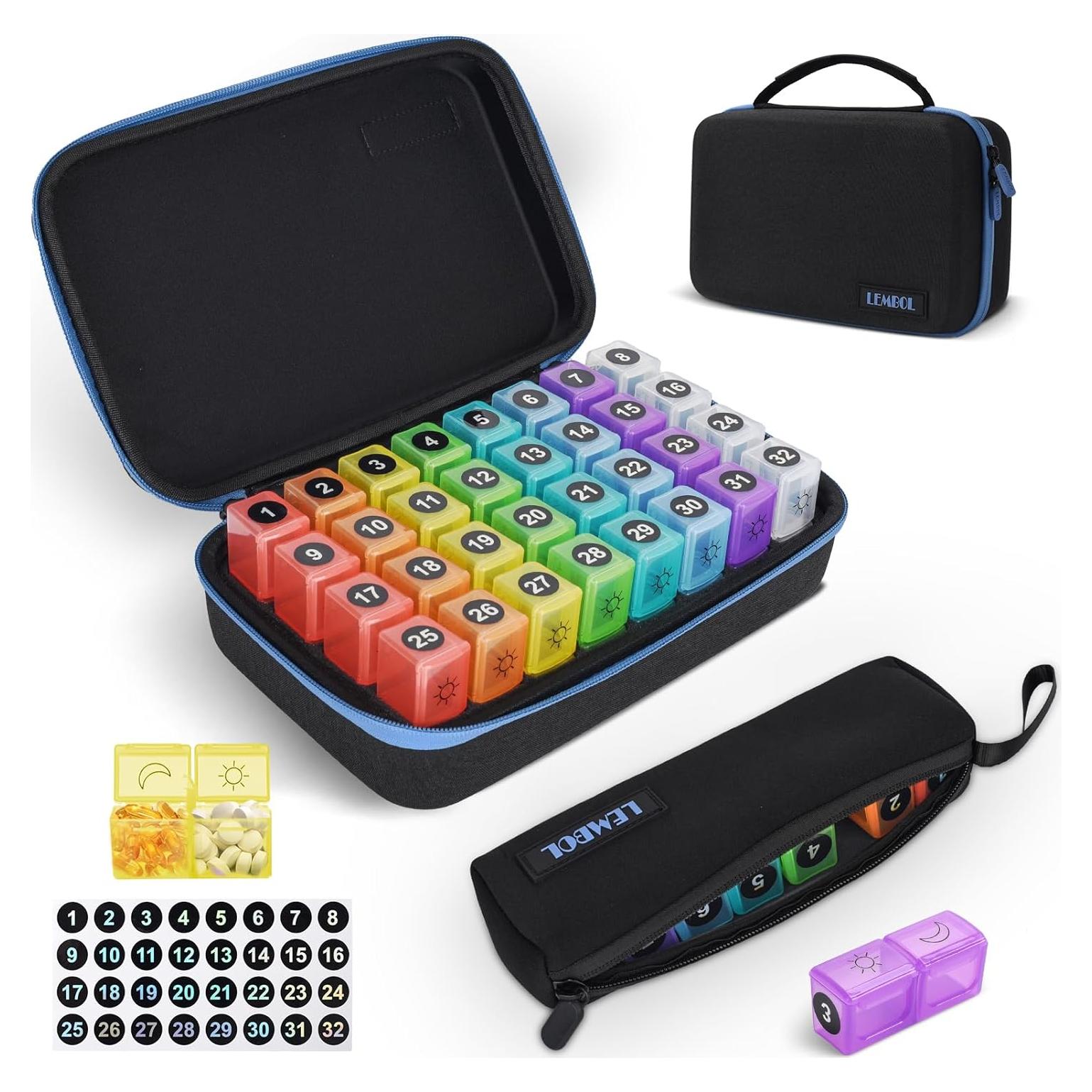 Organizador de Pastillas Mensual LEMBOL 30 Días AM PM 32 Compartimentos