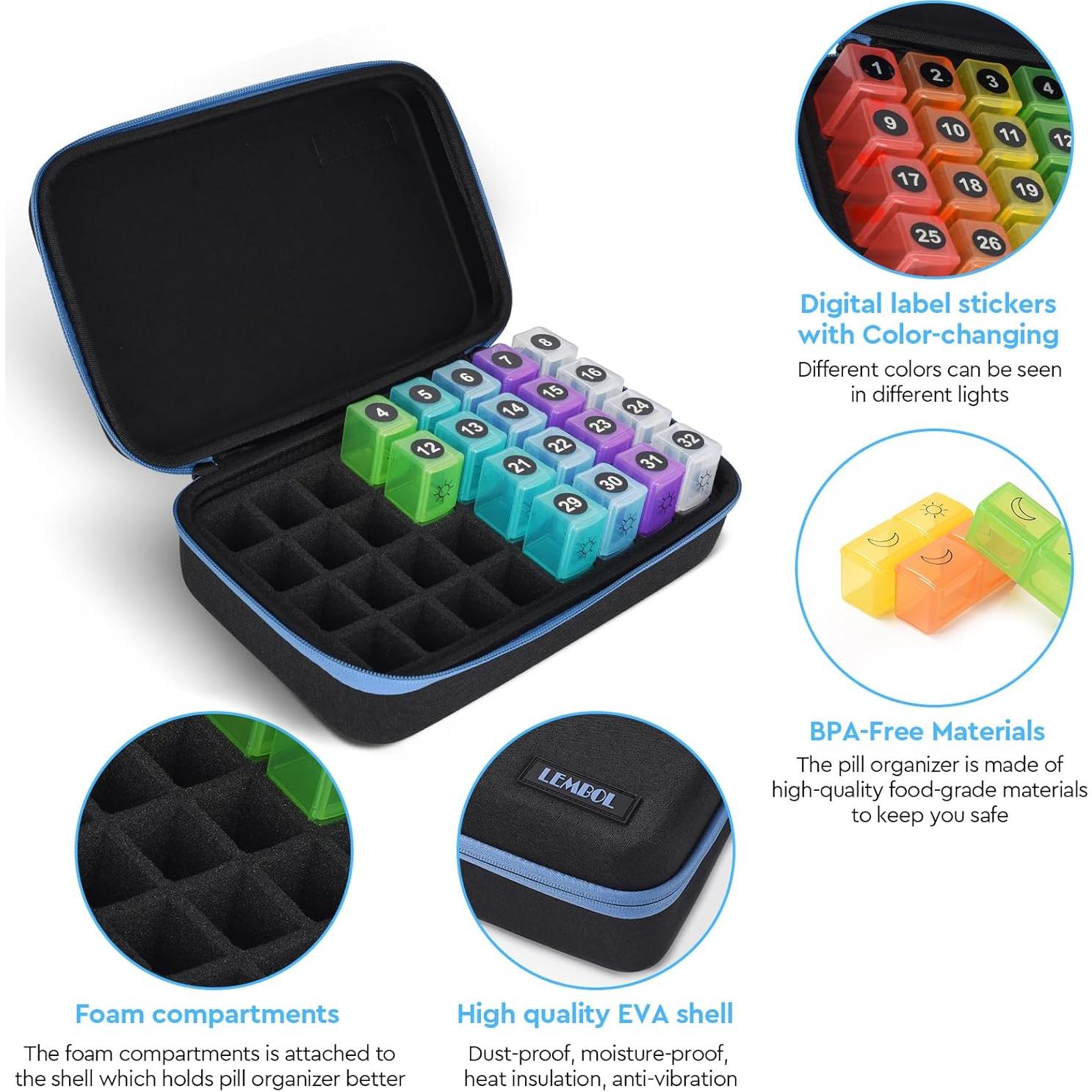 Organizador de Pastillas Mensual LEMBOL 30 Días AM PM 32 Compartimentos