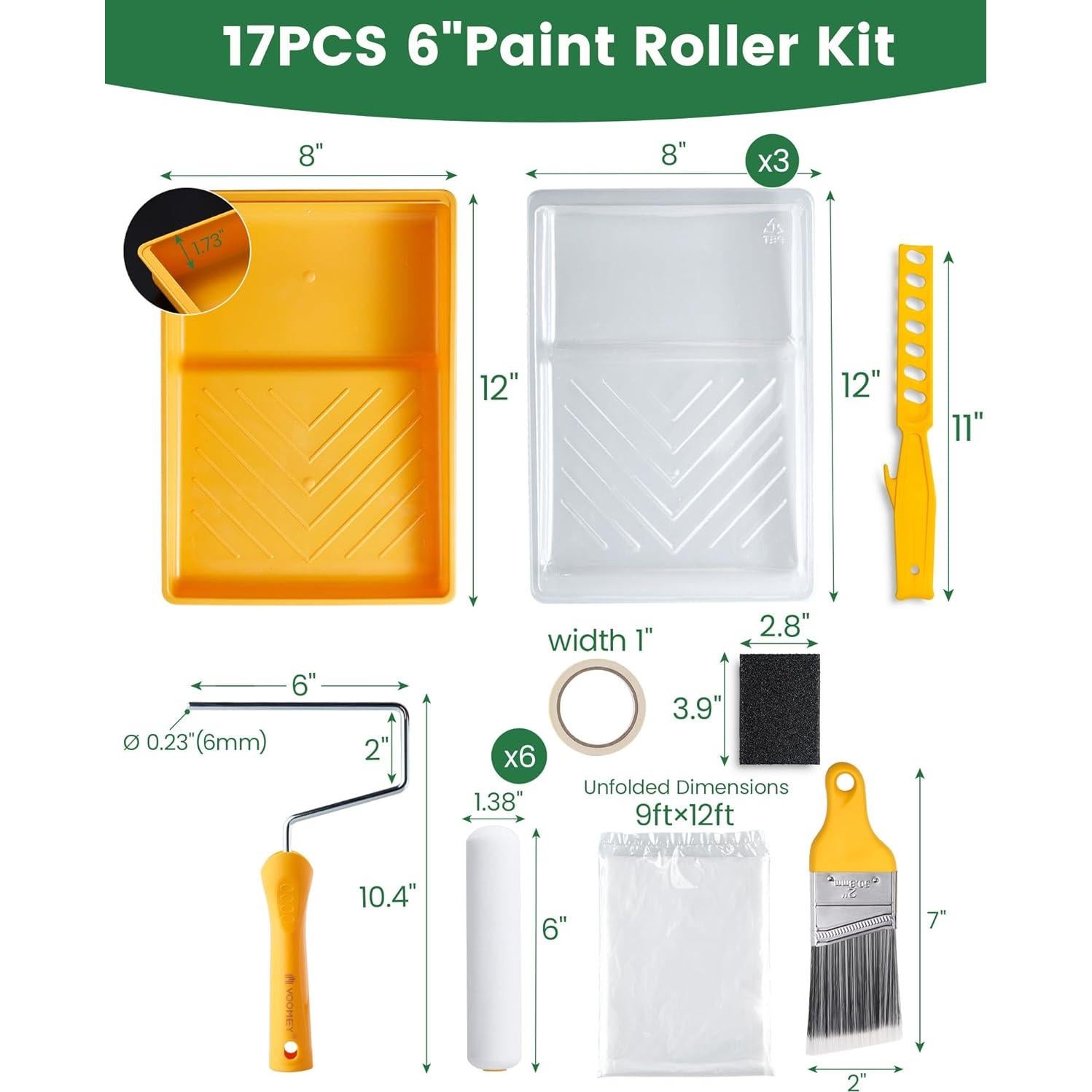 Kit de Pintura Voomey 17 Pcs Rodillo 15 cm Pincel y Bandeja