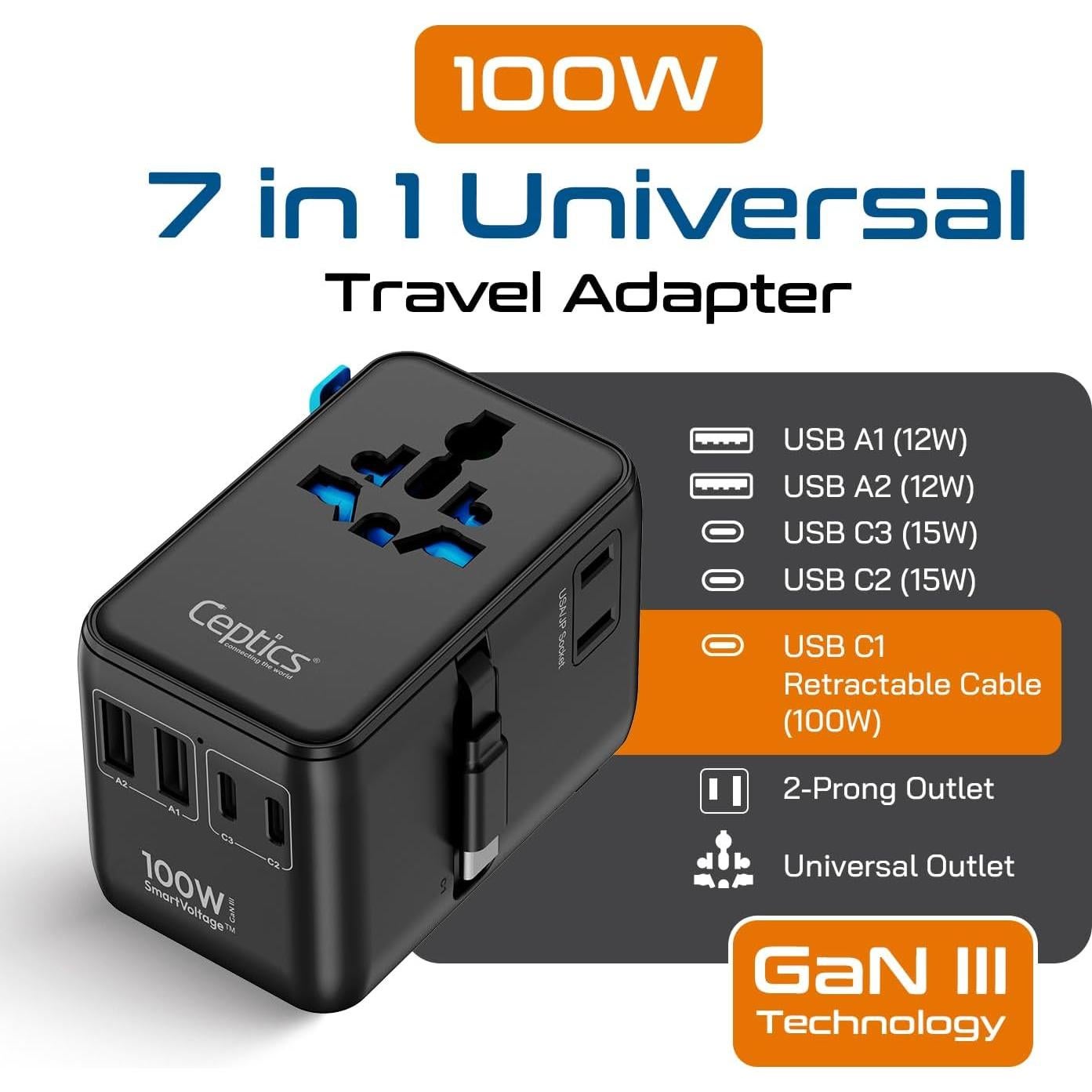 Adaptador de Viaje Universal Ceptics 100W con Cable USB-C Retráctil
