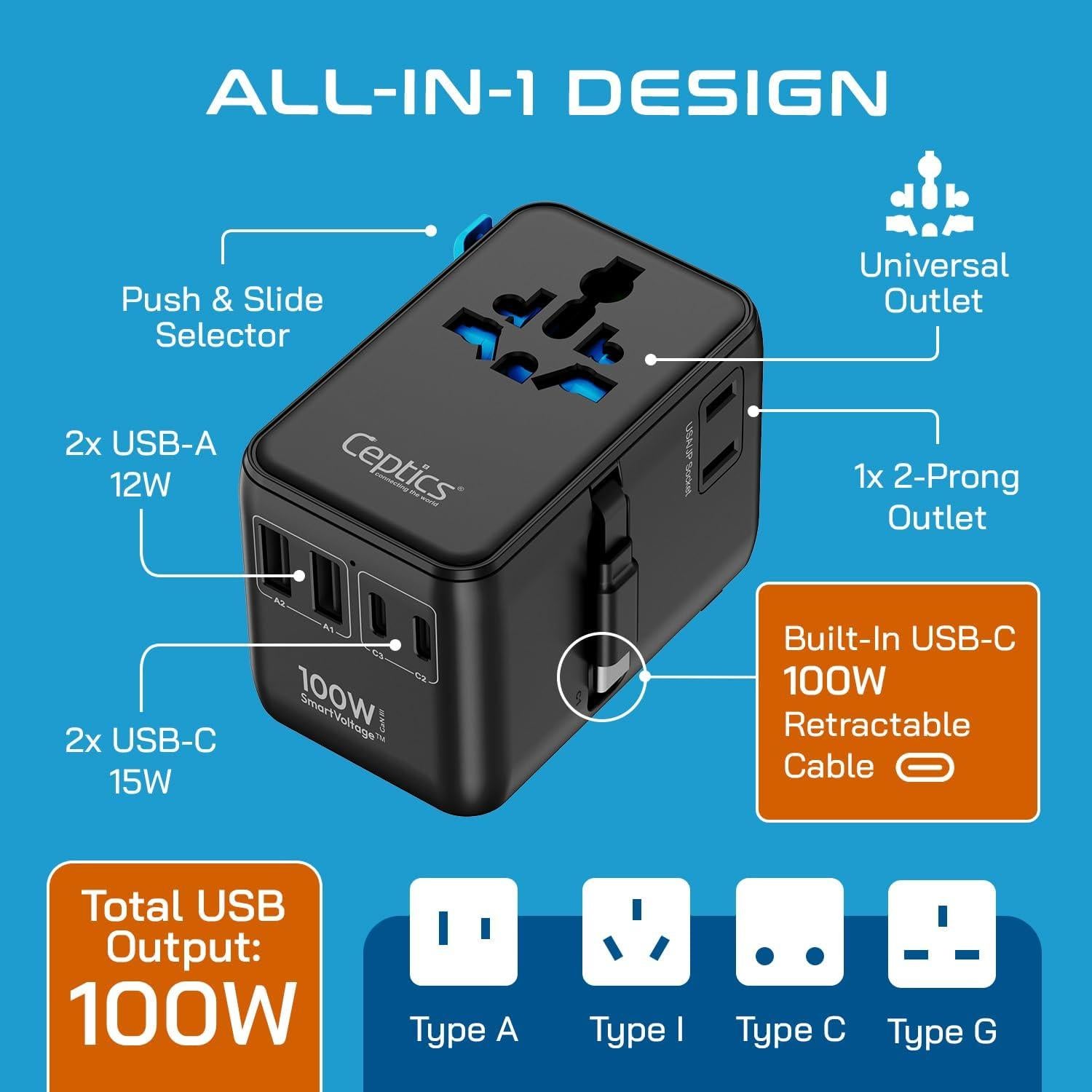 Adaptador de Viaje Universal Ceptics 100W con Cable USB-C Retráctil