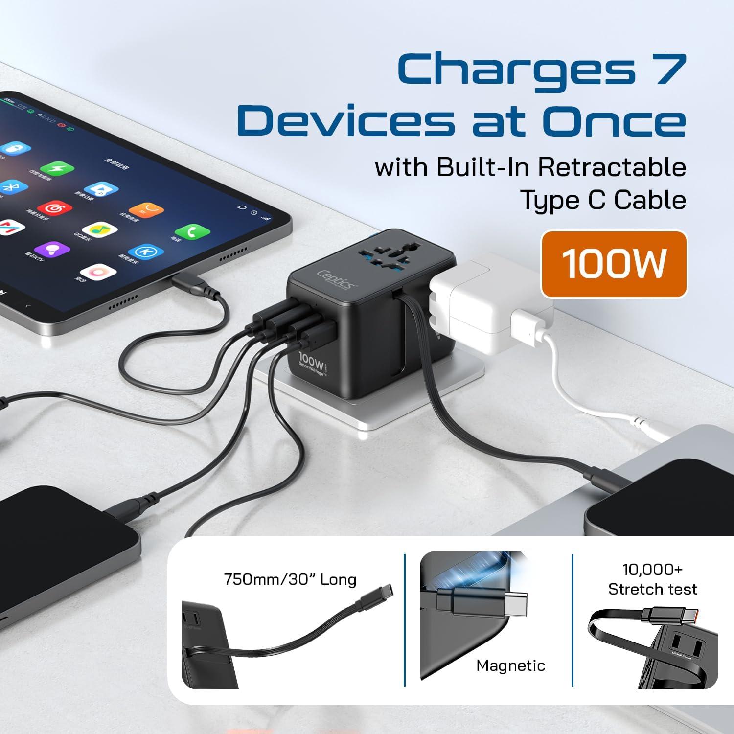 Adaptador de Viaje Universal Ceptics 100W con Cable USB-C Retráctil