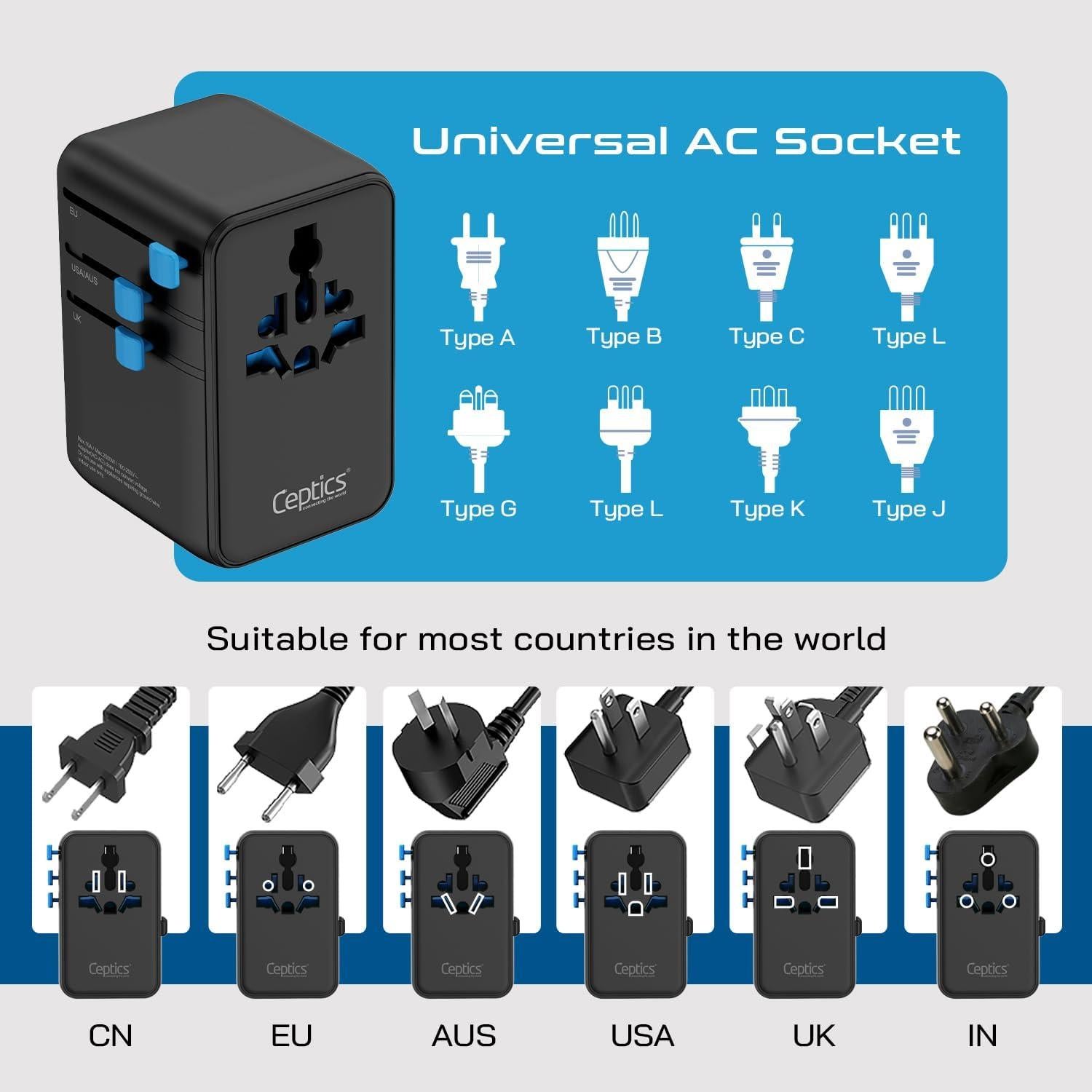 Adaptador de Viaje Universal Ceptics 100W con Cable USB-C Retráctil