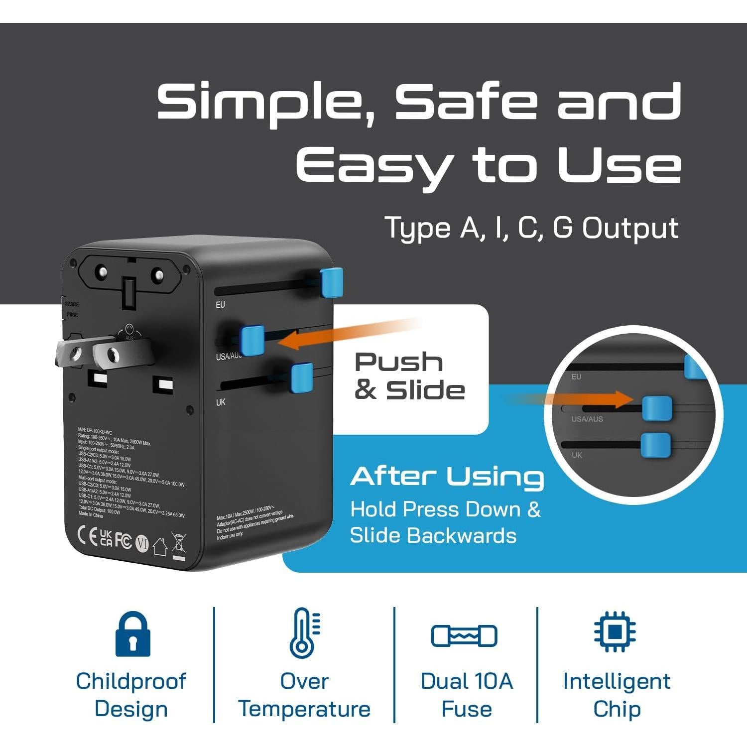 Adaptador de Viaje Universal Ceptics 100W con Cable USB-C Retráctil