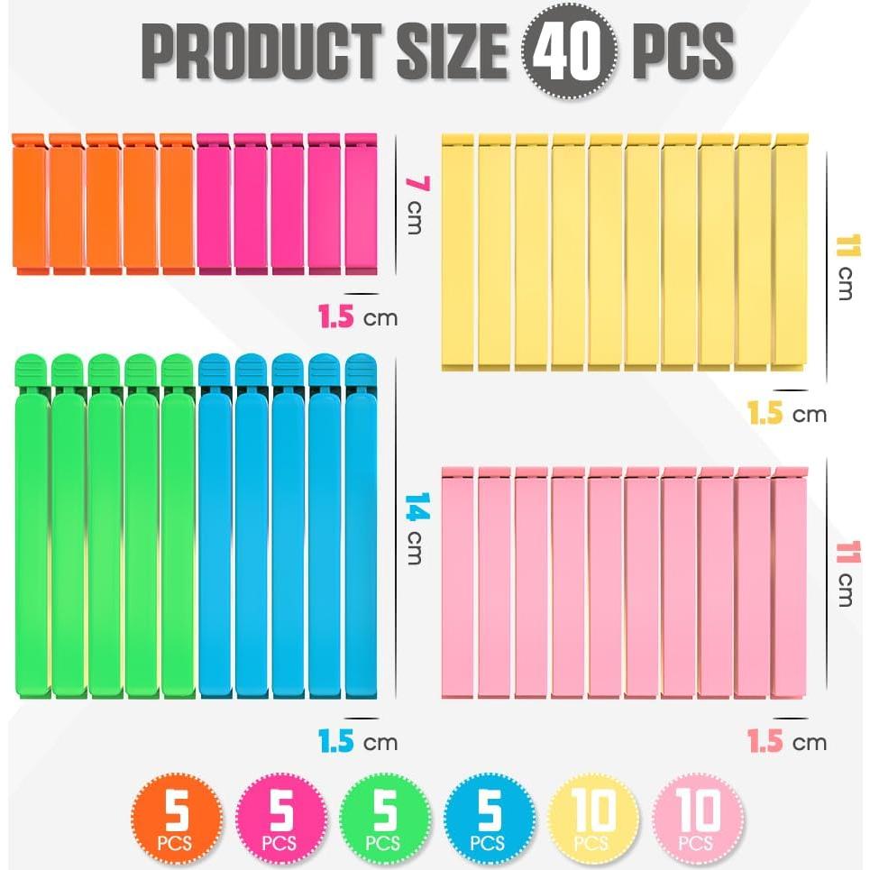 40 Clips de Plástico para Bolsas de Comida Chyaya - 3 Tamaños