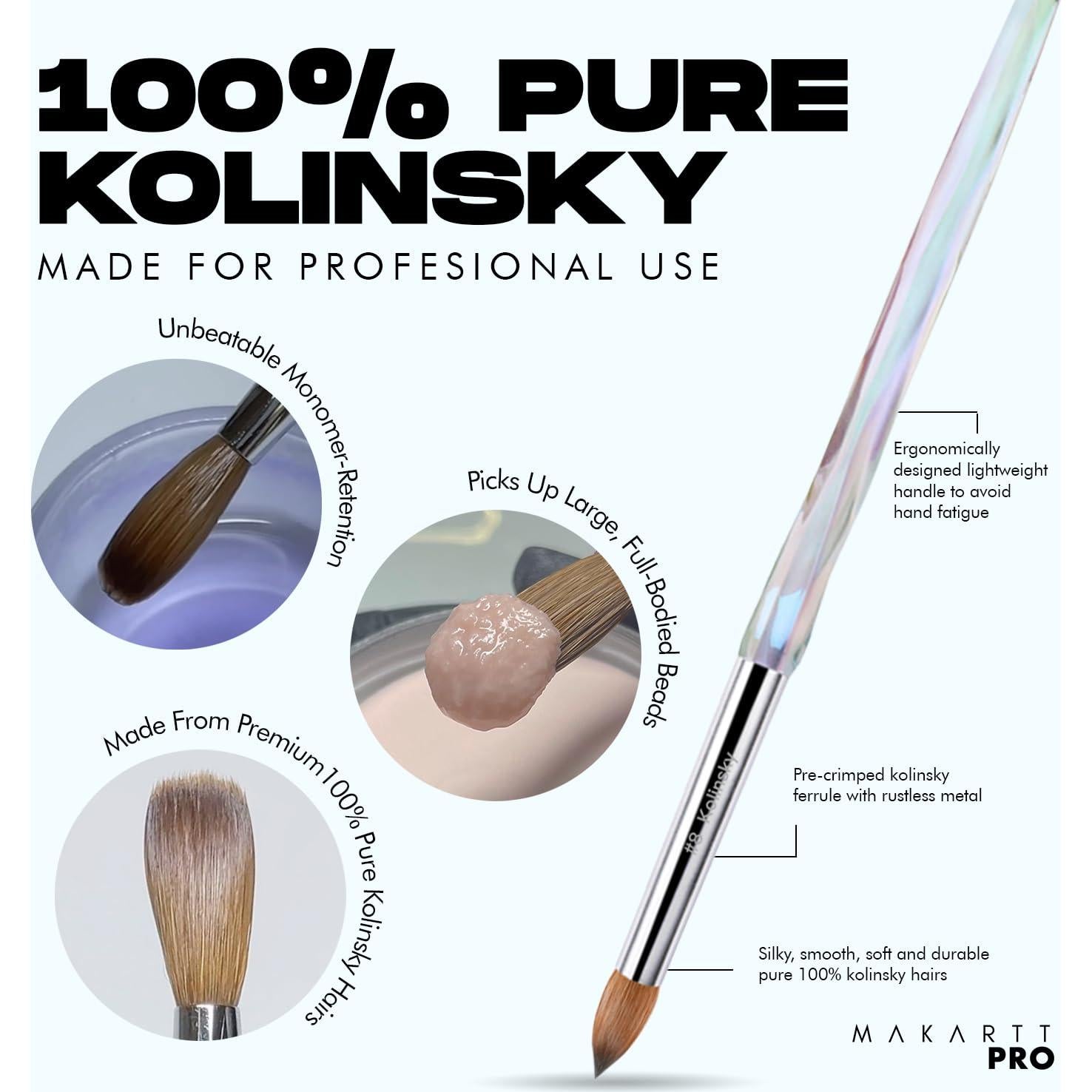 Pincel de Uñas Acrílico MakarttPro Kolinsky #8 para Monómero