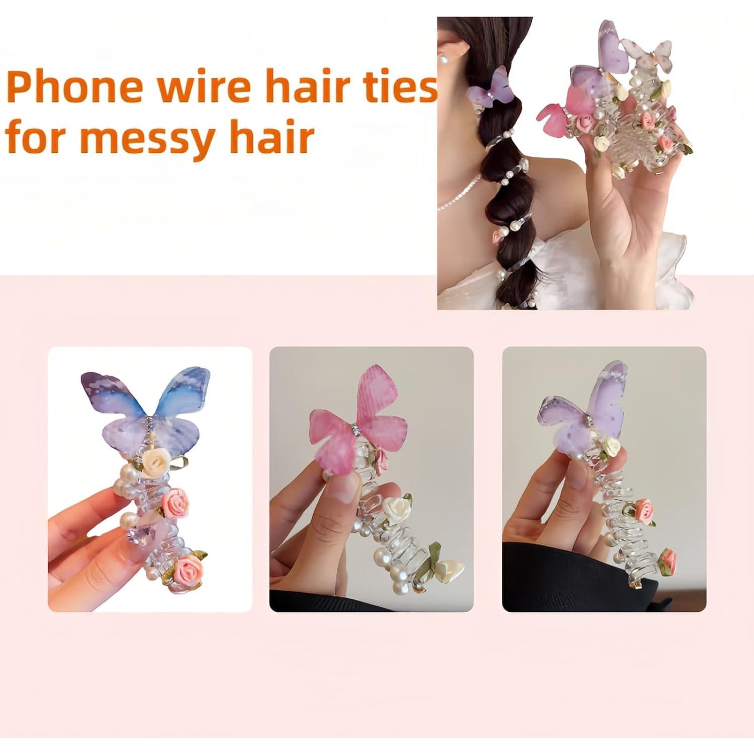 Adjustable Spiral Hair Ties with Pearl Embellishments - Anti-Slip Phone Wire Hairbands for Thick Hair, Workouts, Parties, Gifts for Her (3-Pack)