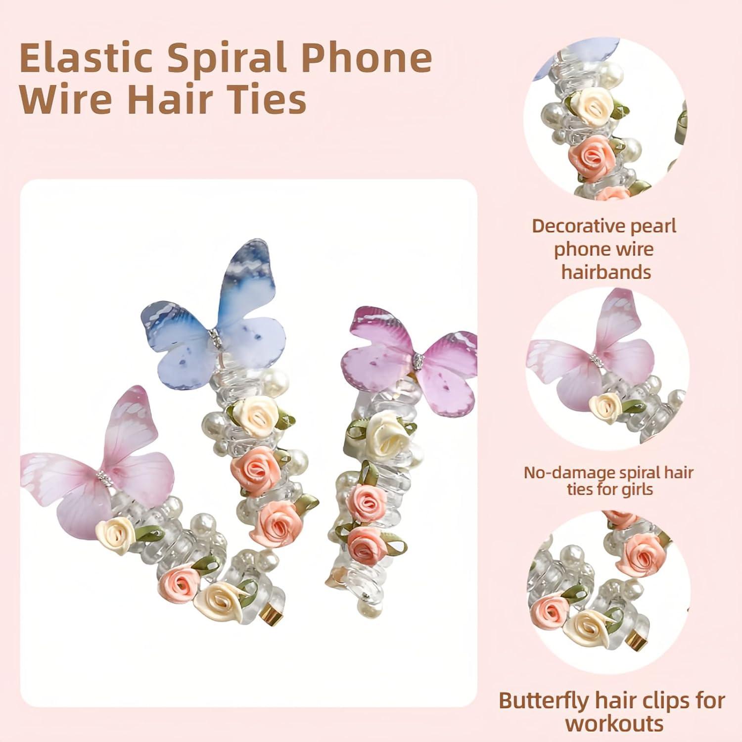 Adjustable Spiral Hair Ties with Pearl Embellishments - Anti-Slip Phone Wire Hairbands for Thick Hair, Workouts, Parties, Gifts for Her (3-Pack)