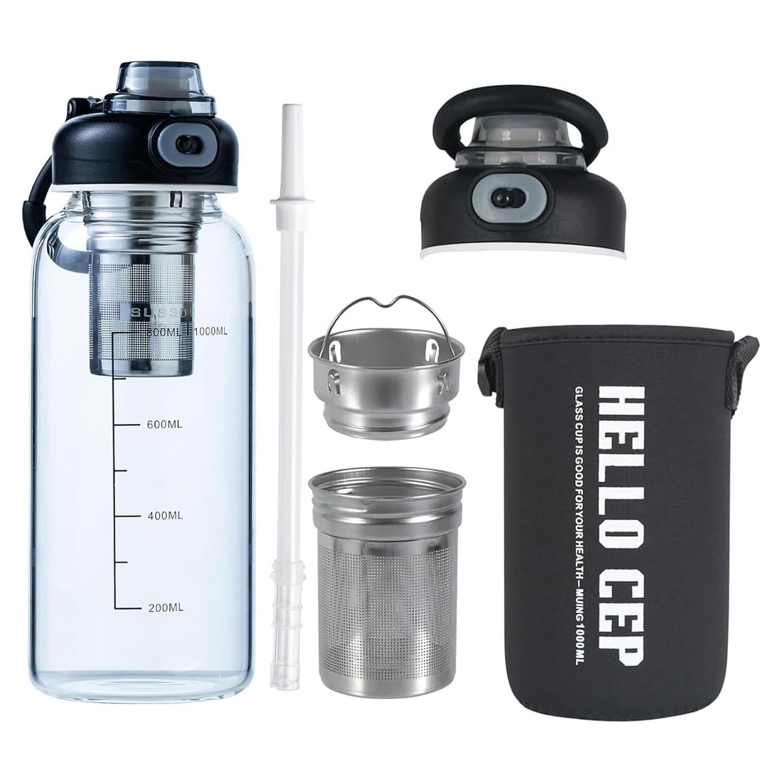 Botella de Agua de Vidrio 1006ml Wangsdjy con Popote y Funda