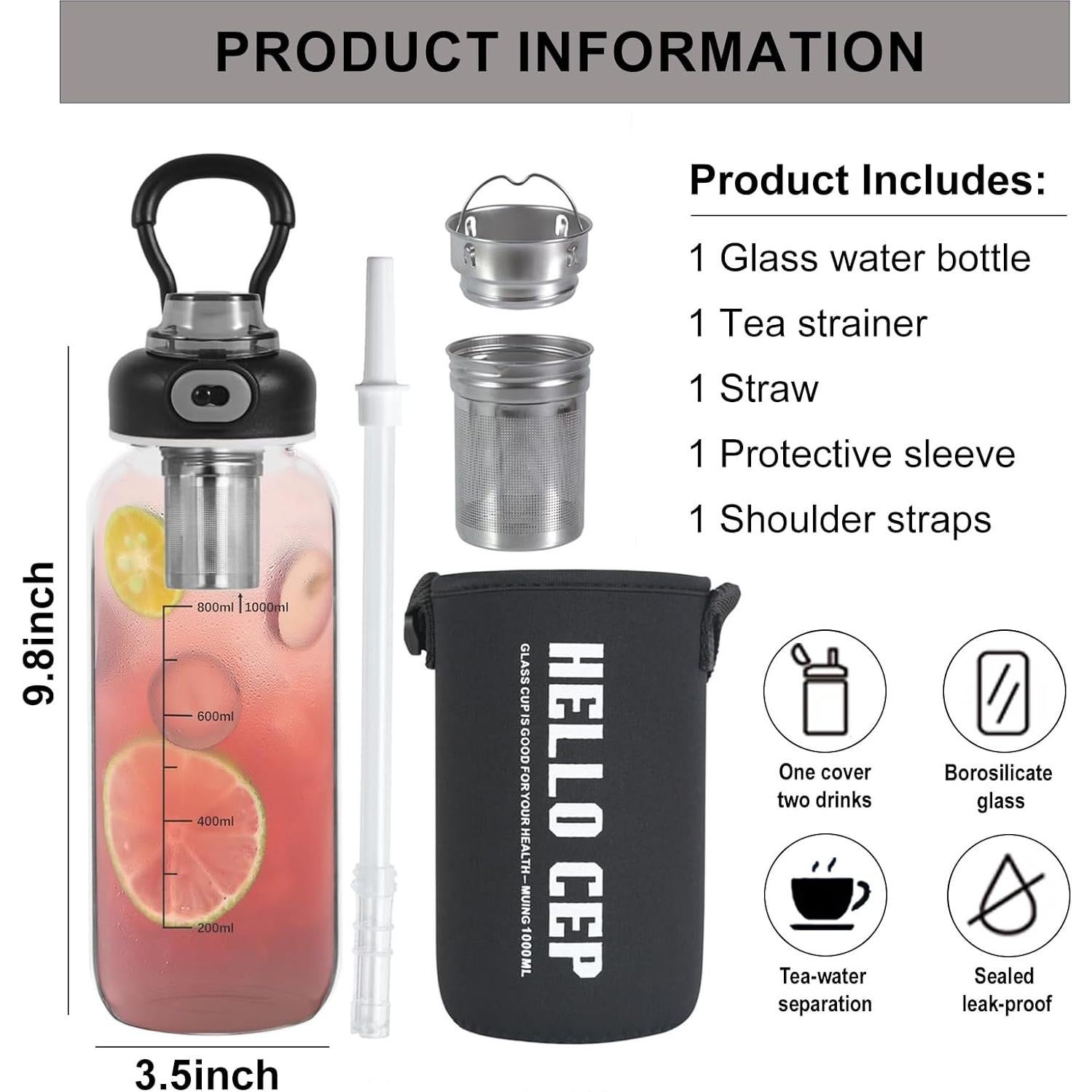 Botella de Agua de Vidrio 1006ml Wangsdjy con Popote y Funda