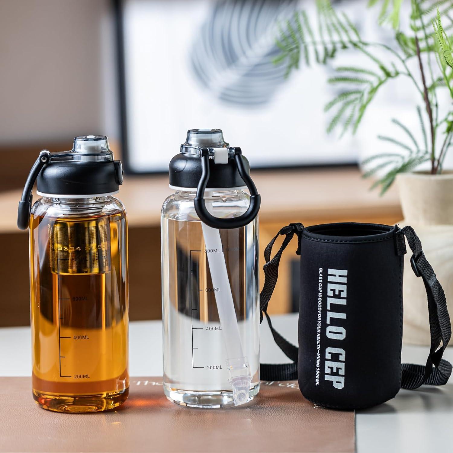 Botella de Agua de Vidrio 1006ml Wangsdjy con Popote y Funda