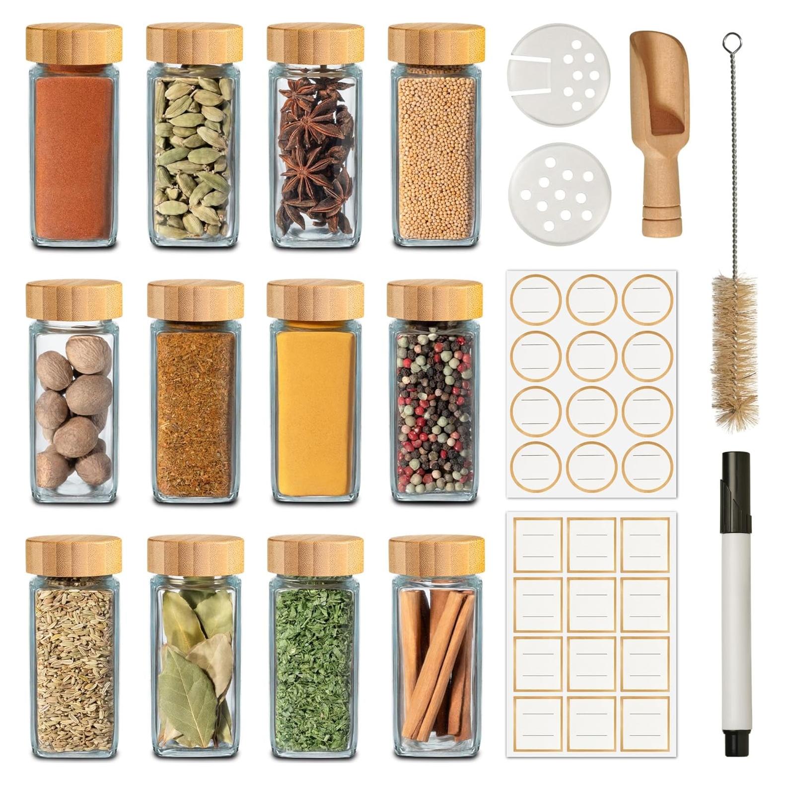 Set de 12 Tarros de Especias de Vidrio Niboline 4 oz con Etiquetas