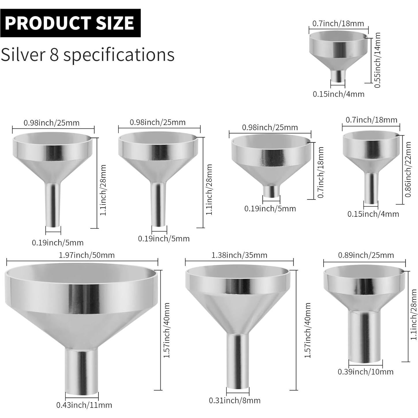 Embudos de Metal Mini 8 Tamaños para Botellas y Frascos